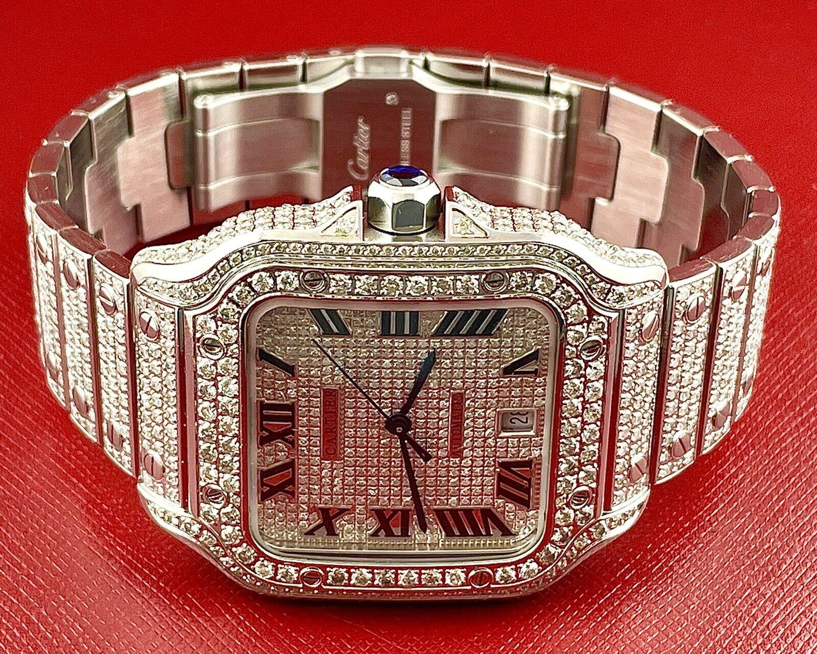 Round Cut Cartier Santos Men's 40mm Large Model Steel Watch Roman Iced Out 12ct Diamonds