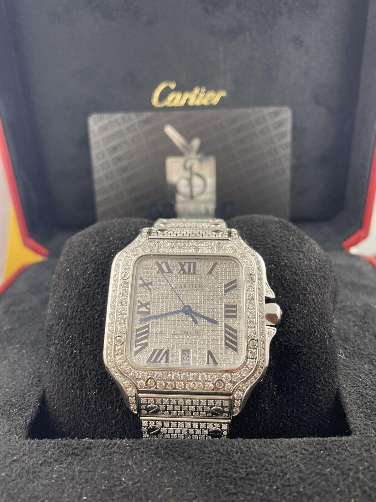 Cartier Santos Men's 40mm Large Model Steel Watch Roman Iced Out 12ct Diamonds In Good Condition In Pleasanton, CA