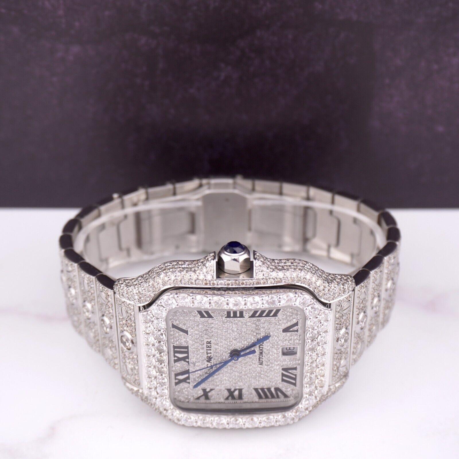 Round Cut Cartier Santos Men's 40mm Large Steel Watch Roman Iced 20ct Diamonds SOLITAIRE W For Sale