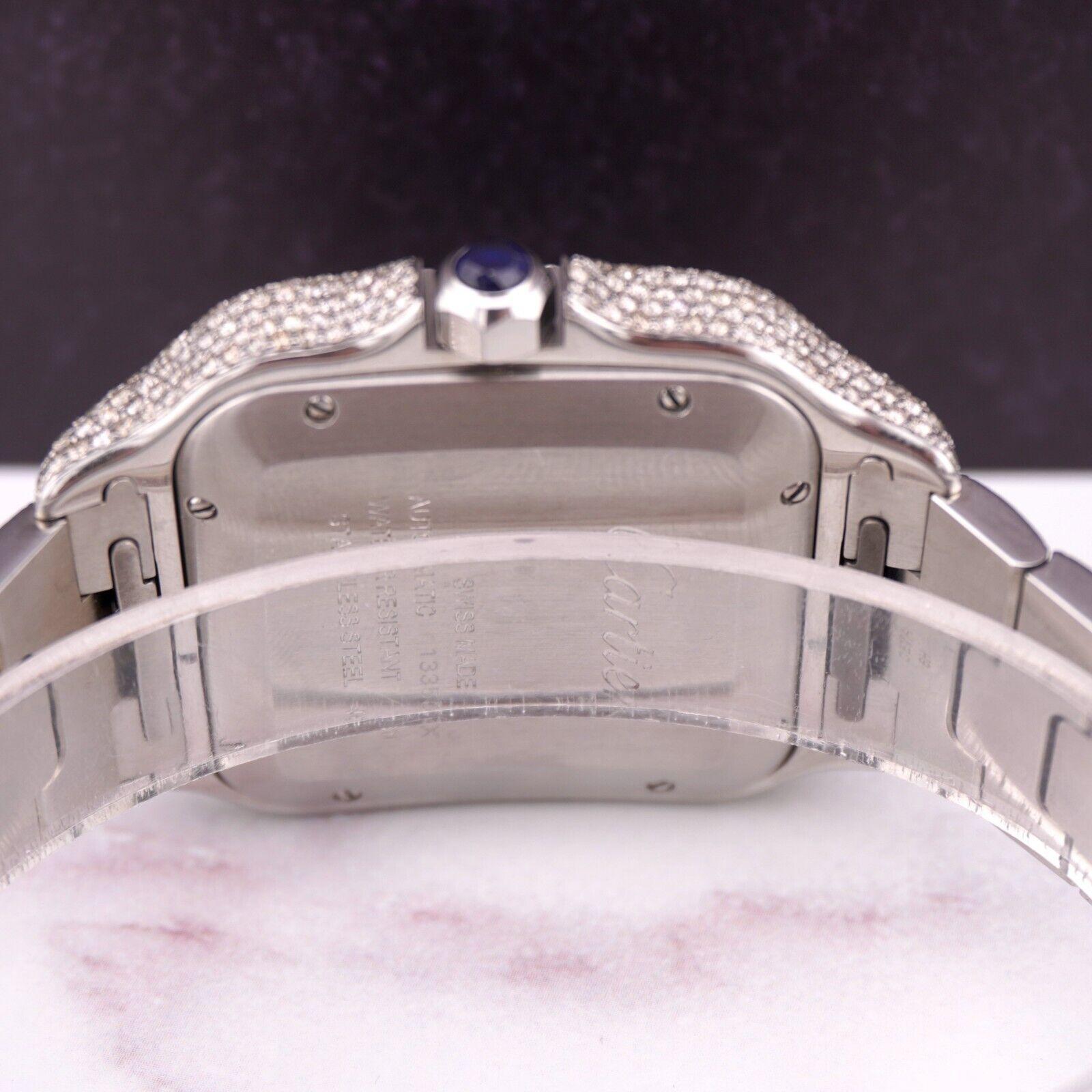 Cartier Santos Men's 40mm Large Steel Watch Roman Iced 20ct Diamonds SOLITAIRE W In Excellent Condition For Sale In Pleasanton, CA