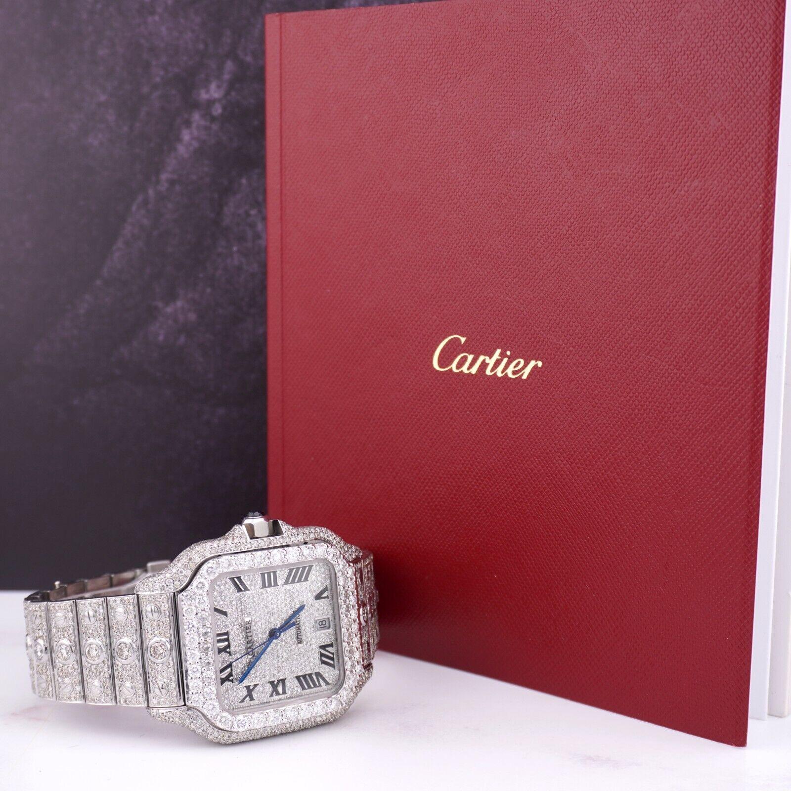 Women's or Men's Cartier Santos Men's 40mm Large Steel Watch Roman Iced 20ct Diamonds SOLITAIRE W For Sale