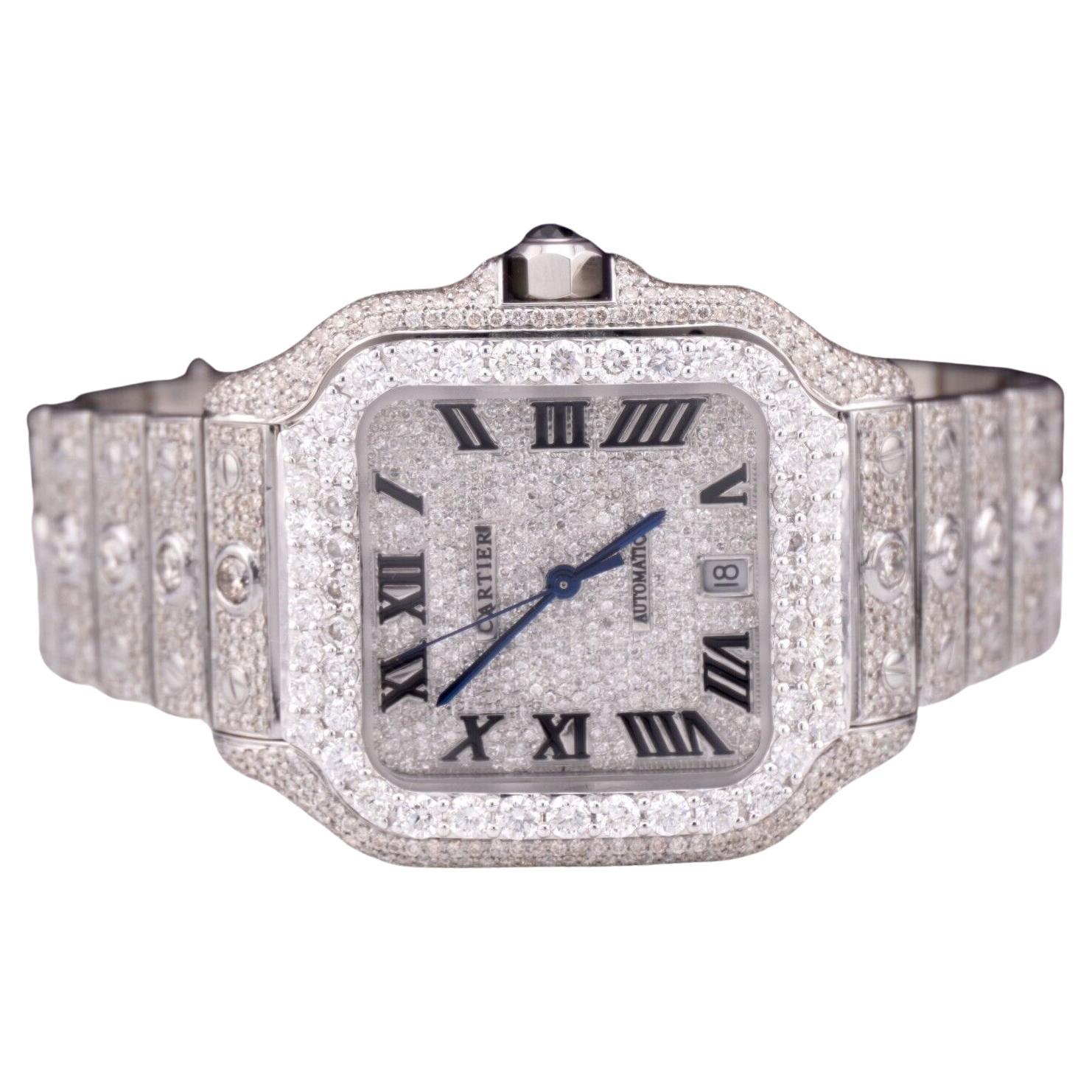 Montre homme Cartier Santos 40mm Large Steel Watch Roman Iced 20ct Diamonds SOLITAIRE W