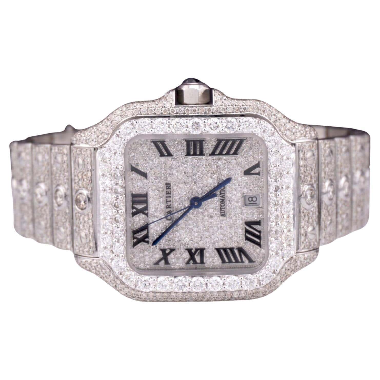 Cartier Santos Men s 40mm Large Steel Watch Roman Iced 20ct Diamonds Cartier Santos Men s 40mm Large Steel Watch Roman Iced 20ct Diamonds