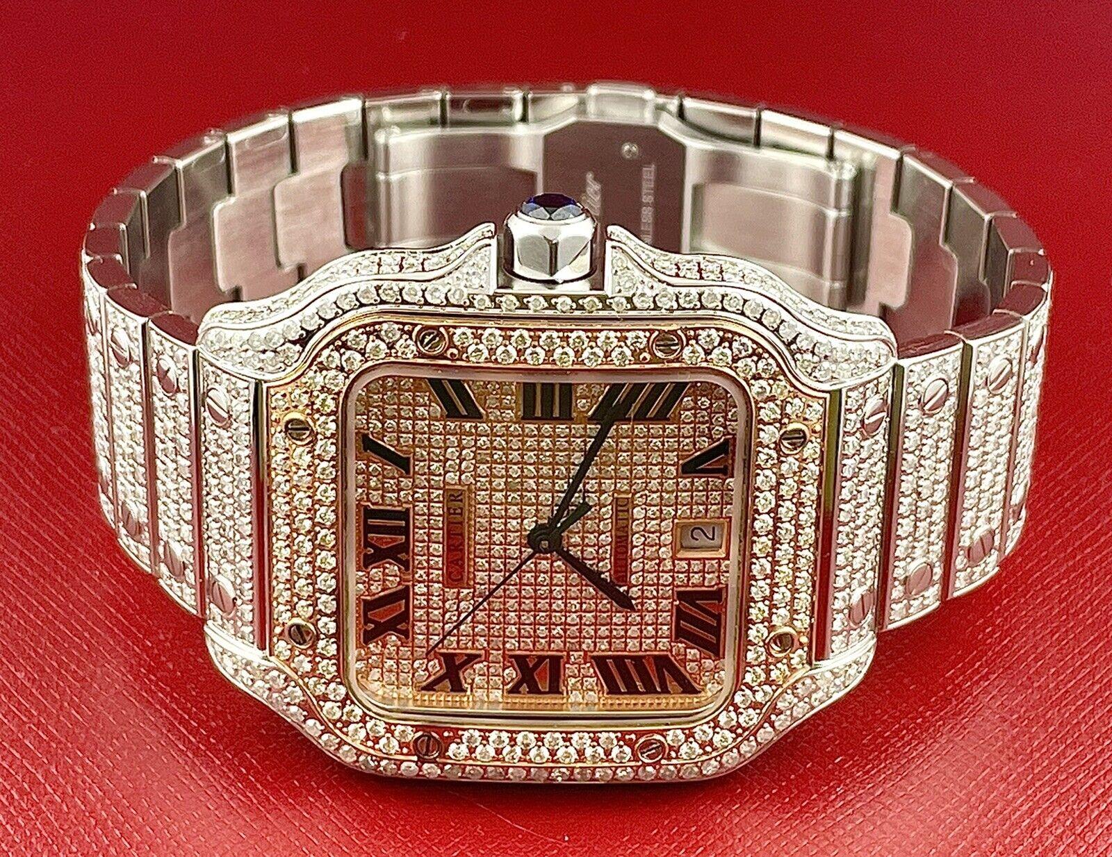 Cartier Santos Herrenuhr, 40 mm, Roségold, Zifferblatt, Stahl, römisch, herausgeschnitten, 12 Karat Diamanten (Moderne)