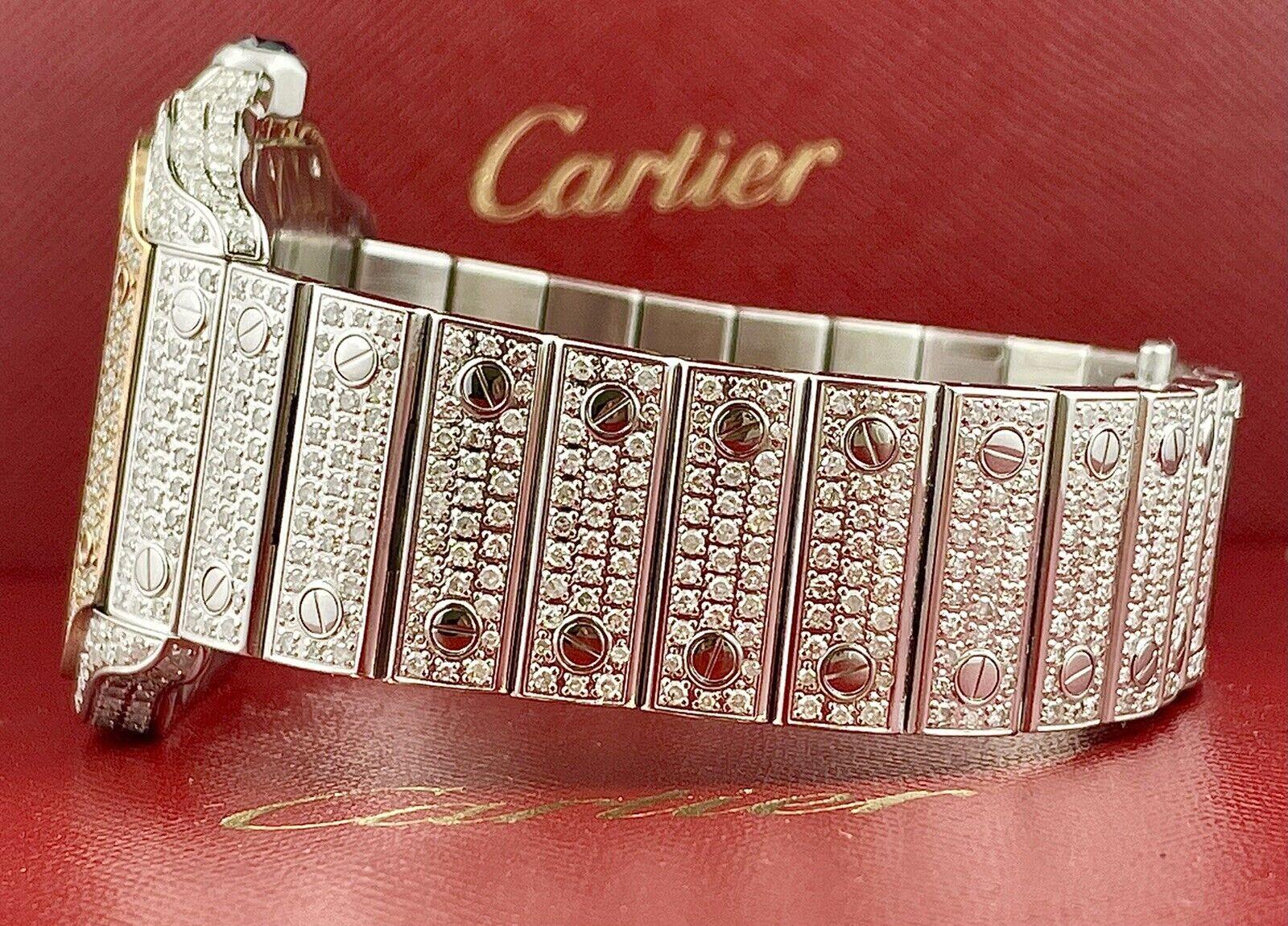 Modern Cartier Santos Men's 40mm RoseGold Dial Steel Watch Roman Iced Out 12ct Diamonds