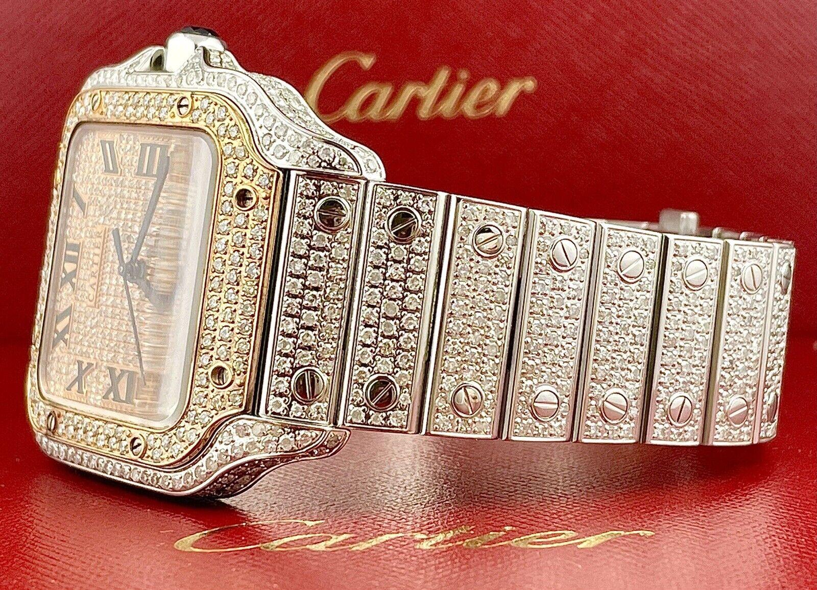 Round Cut Cartier Santos Men's 40mm RoseGold Dial Steel Watch Roman Iced Out 12ct Diamonds