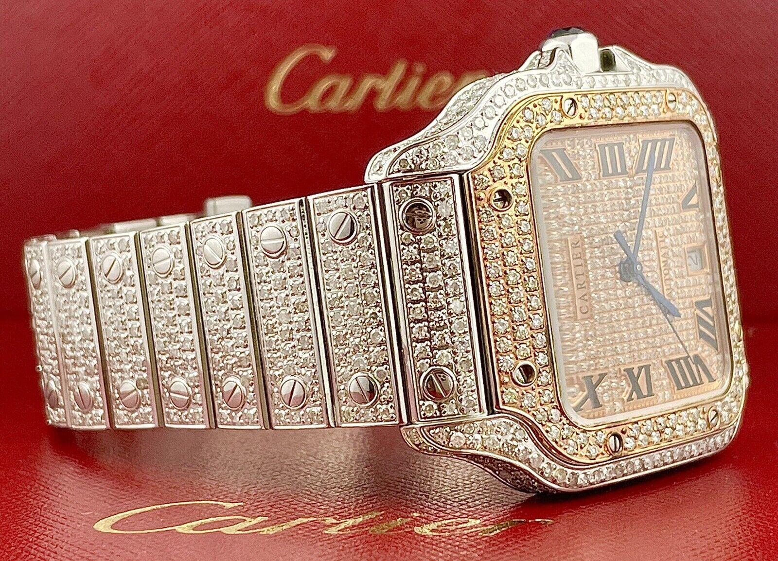 Cartier Santos Men's 40mm RoseGold Dial Steel Watch Roman Iced Out 12ct Diamonds In Good Condition In Pleasanton, CA