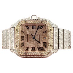 Cartier Santos Men's 40mm RoseGold Dial Steel Watch Roman Iced Out 12ct Diamonds