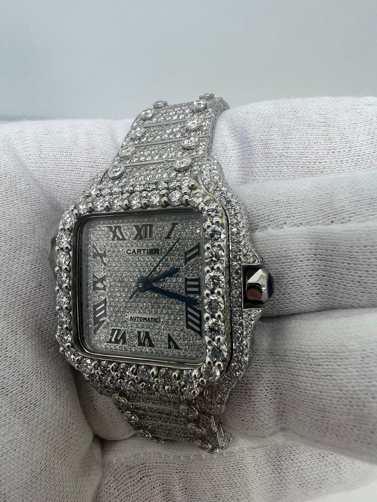 Cartier Santos Midsize 35mm Diamond Watch

over 30 carats of F color vs2 Natural earth mined diamonds

the bezels with diamonds on bracelet are gold

watch is customized including bracelet , dial and bezel

other color dials /face available

5 year