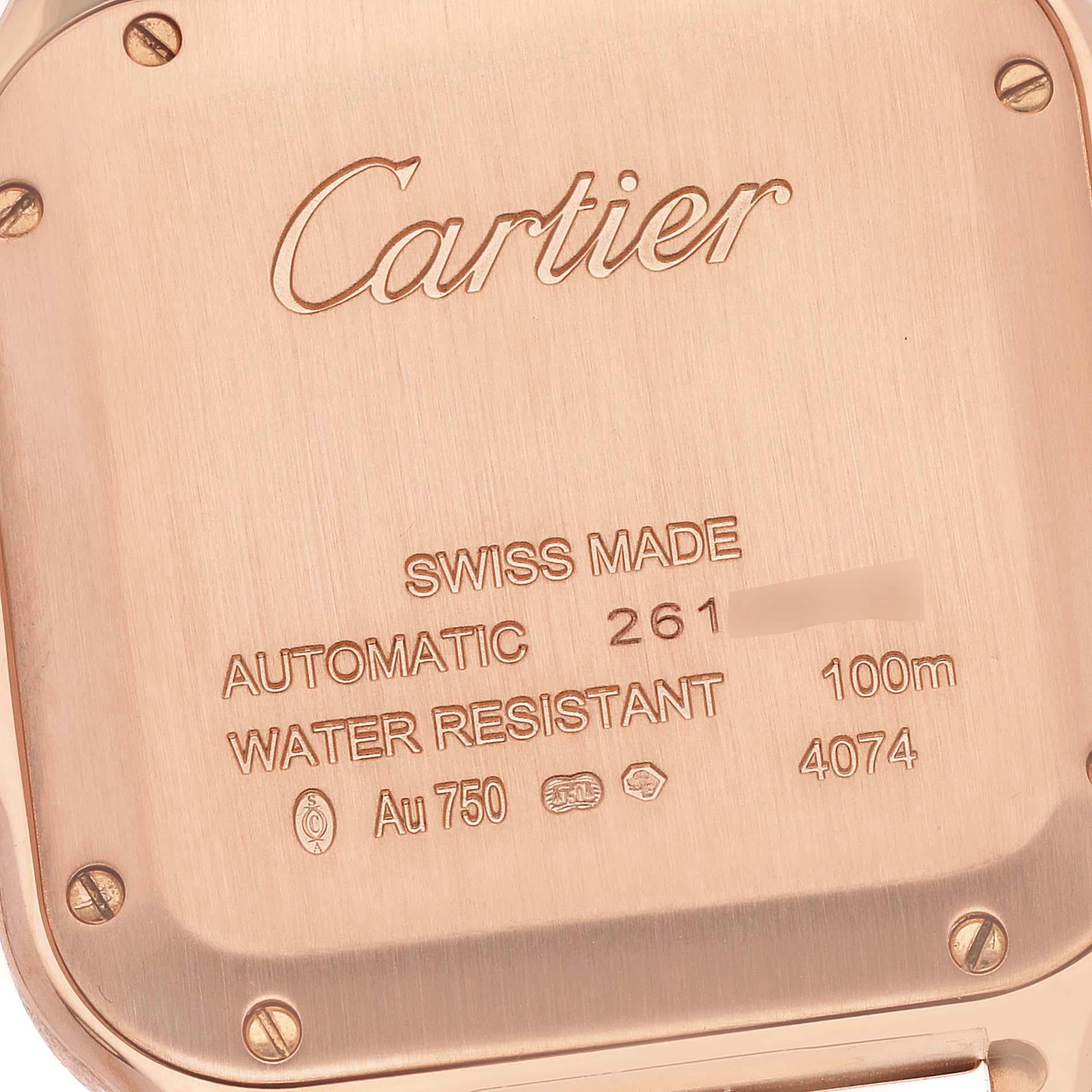 Cartier Santos Midsize Rose Gold Blue Strap Mens Watch WGSA0012 Box Card. Automatic self-winding movement caliber 1847 MC. 18K rose gold 35.1 x 35.1 mm. Protected octagonal crown set with the blue faceted sapphire. 18K rose gold bezel punctuated