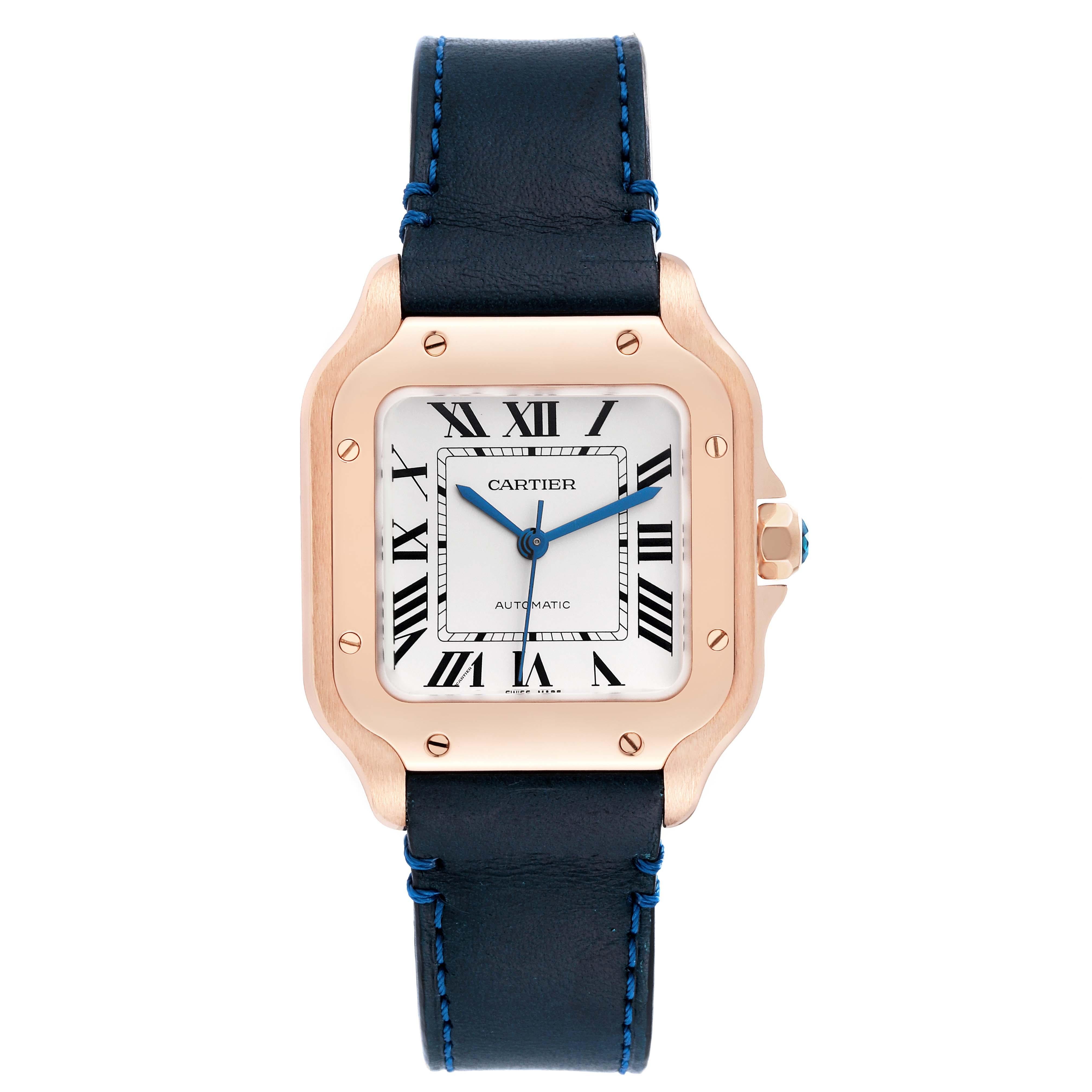 Cartier Santos Midsize Rose Gold Blue Strap Mens Watch WGSA0012 Box Card In Excellent Condition For Sale In Atlanta, GA