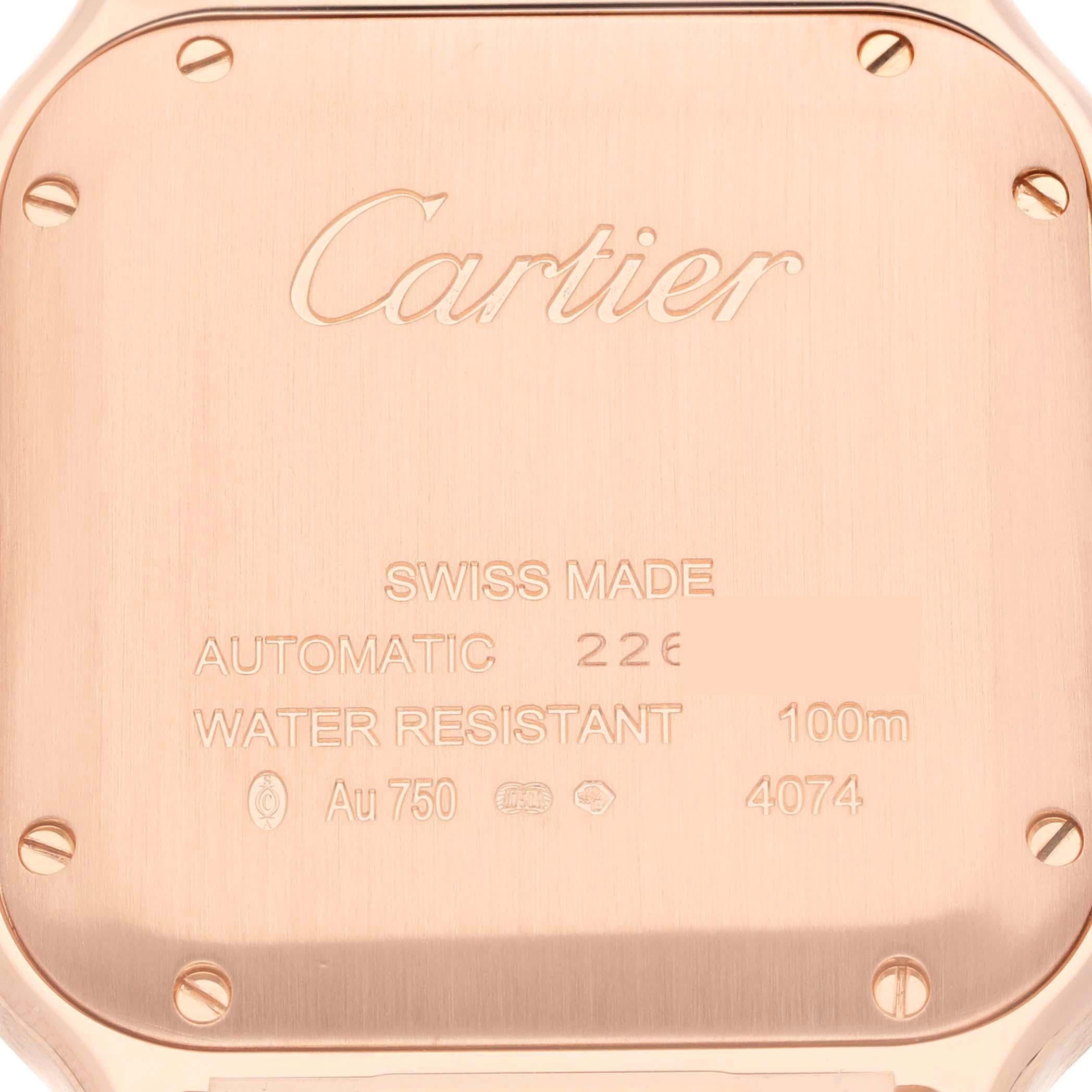 Cartier Santos Midsize Rose Gold Mens Watch WGSA0012 Box Card. Mouvement à remontage automatique calibre 1847 MC. Boîtier en or rose 18 carats de 35,1 x 35,1 mm. Couronne octogonale protégée, sertie d'un saphir bleu facetté. Lunette en or rose 18