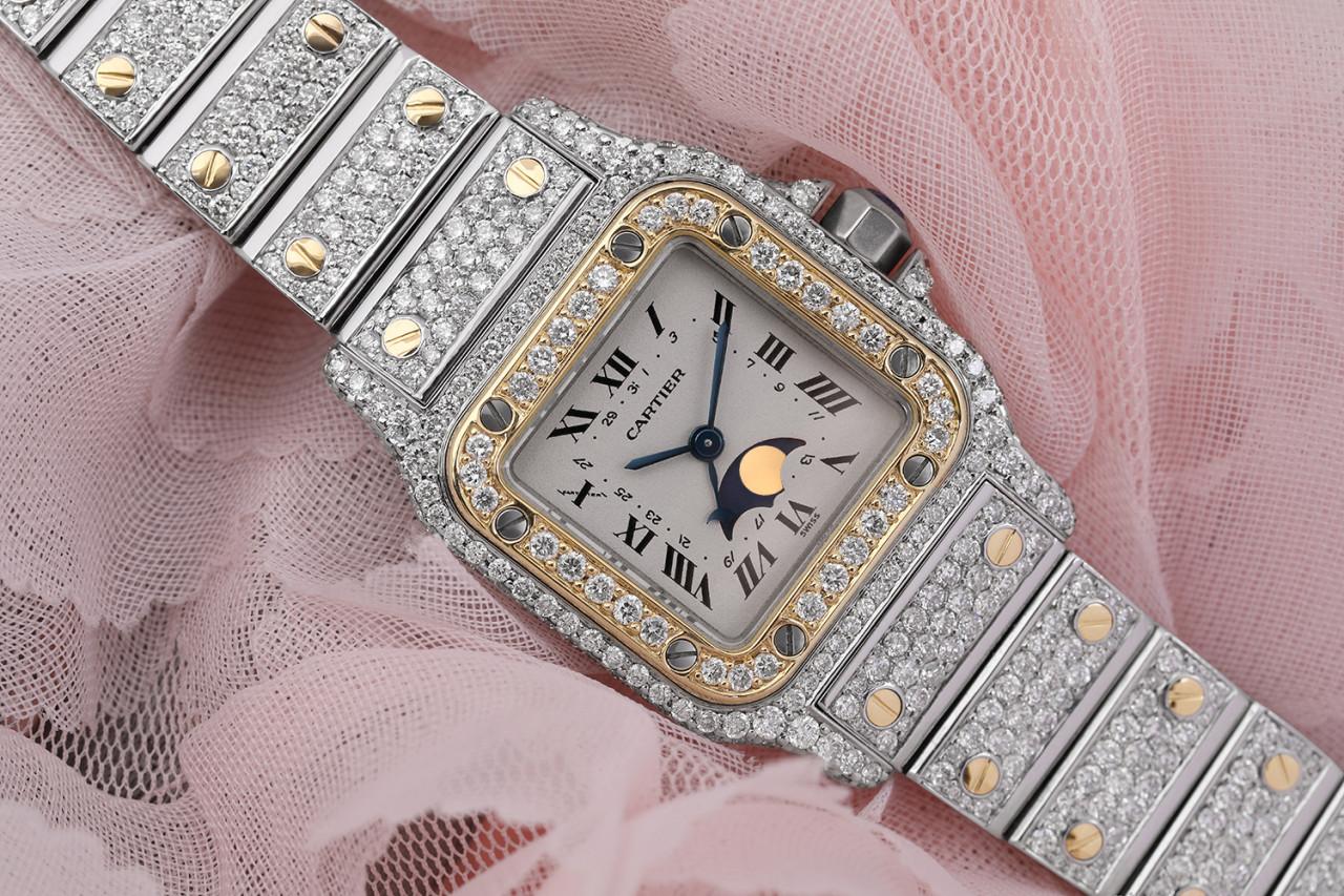 Taille ronde Cartier Santos Moonphase Acier inoxydable et or jaune Diamants personnalisés 119902 en vente
