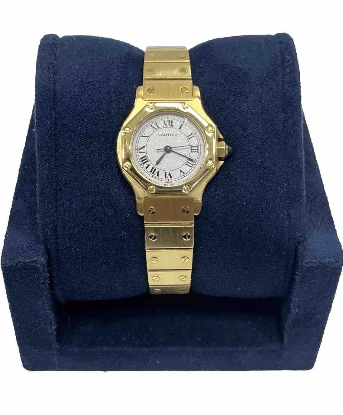 Cartier Santos Octagon 0906 Yellow Gold Automatic White Dial Ladies Watch 25mm In Good Condition For Sale In Boca Raton, FL