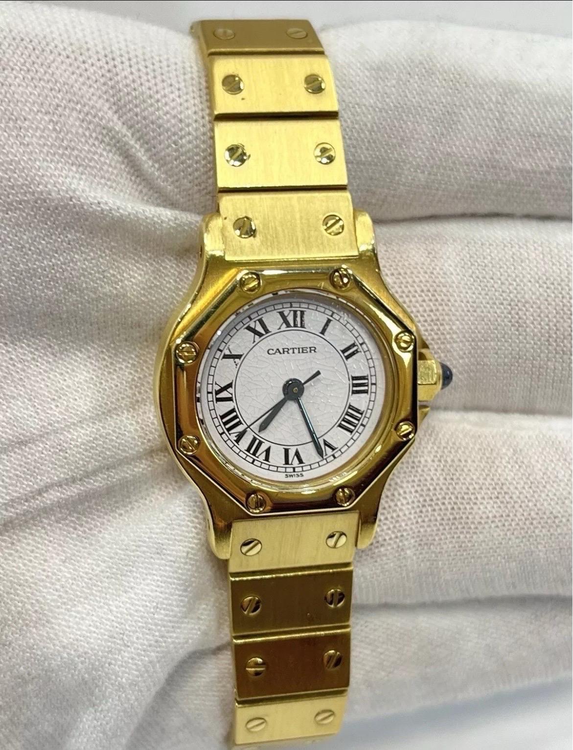 Cartier Santos Octagon 0906 Yellow Gold Automatic White Dial Ladies Watch 25mm For Sale 3