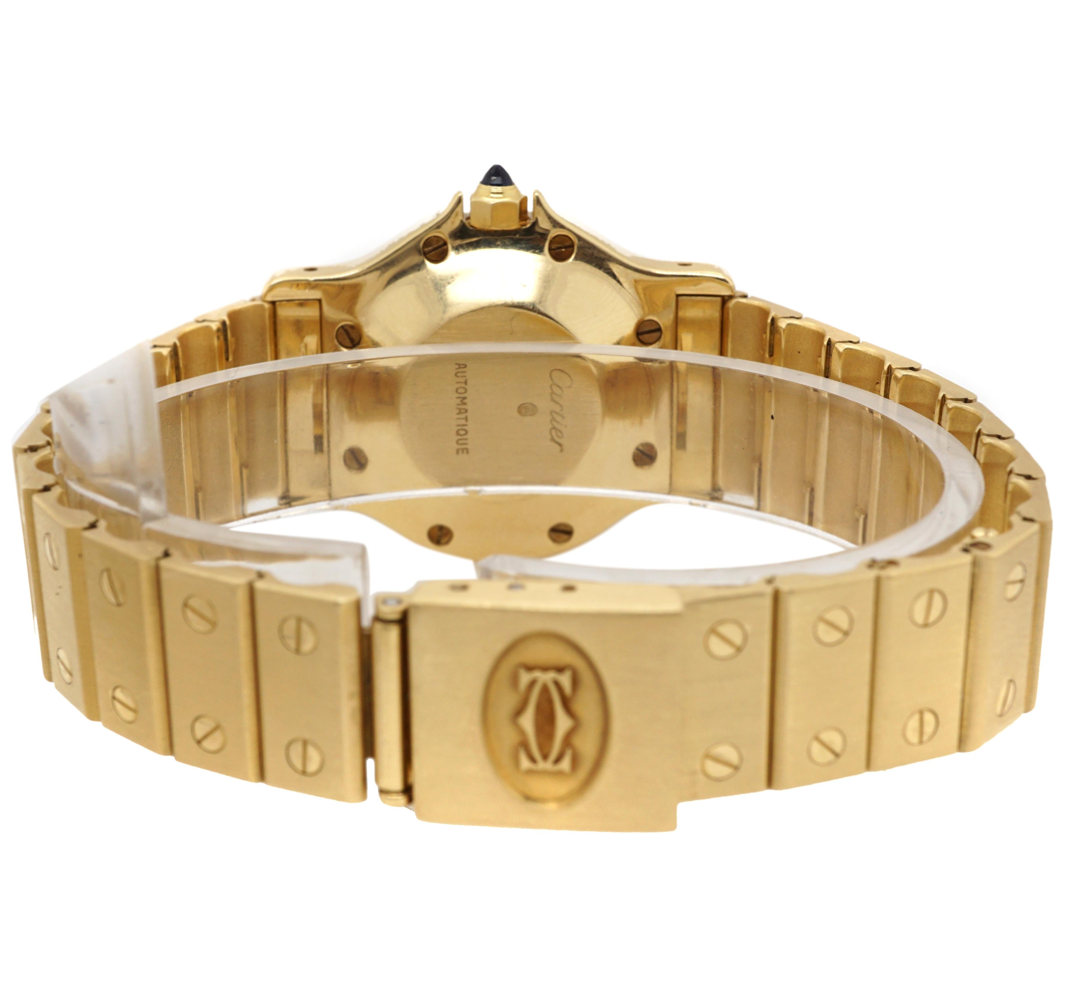 Cartier Santos Octagon 18K Yellow Gold Automatic Women's Watch
Cartier Santos Octagon Solid 18KT Yellow Gold, White dial with black Roman numerals, Blue hands, Crown set with dark sapphire embedded.

Dial: White, Black Roman Numerals with Date