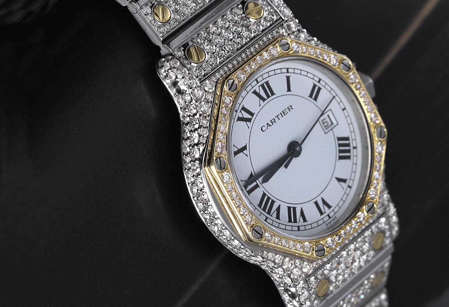 Cartier Santos Achteckige 18k Gold und Stahl Automatik-Damenuhr mit Diamanten 2966, Santos im Angebot 1