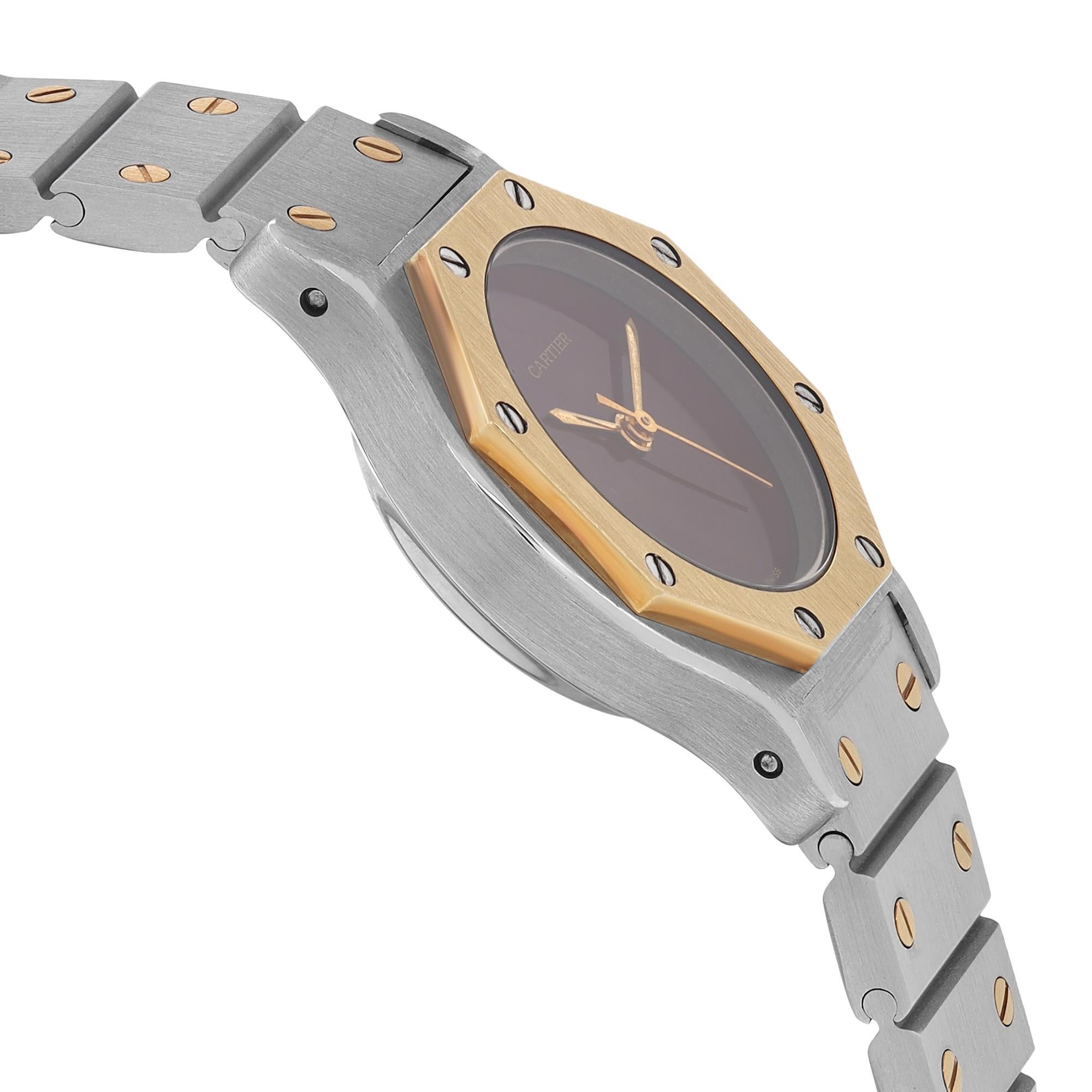 Cartier Santos achteckige Automatikuhr mit burgunderrotem Zifferblatt aus Stahl 0907 Damen