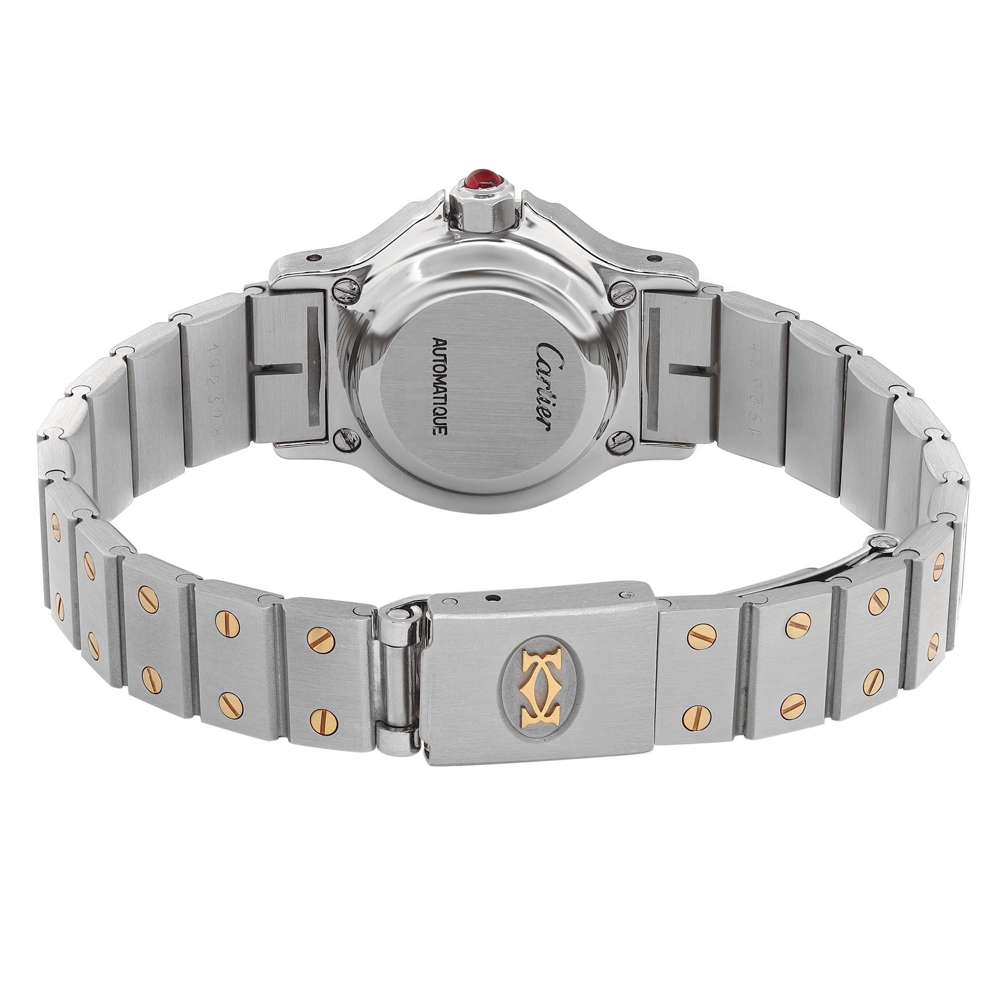 Cartier Santos achteckige Automatikuhr mit burgunderrotem Zifferblatt aus Stahl 0907 1
