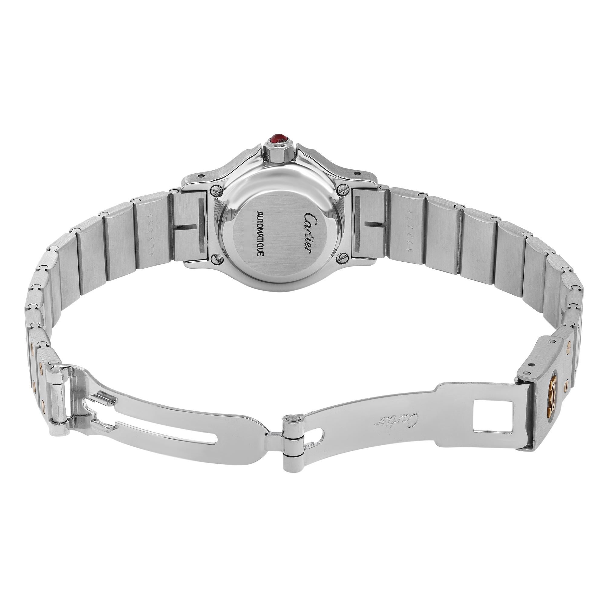 Cartier Santos achteckige Automatikuhr mit burgunderrotem Zifferblatt aus Stahl 0907 2