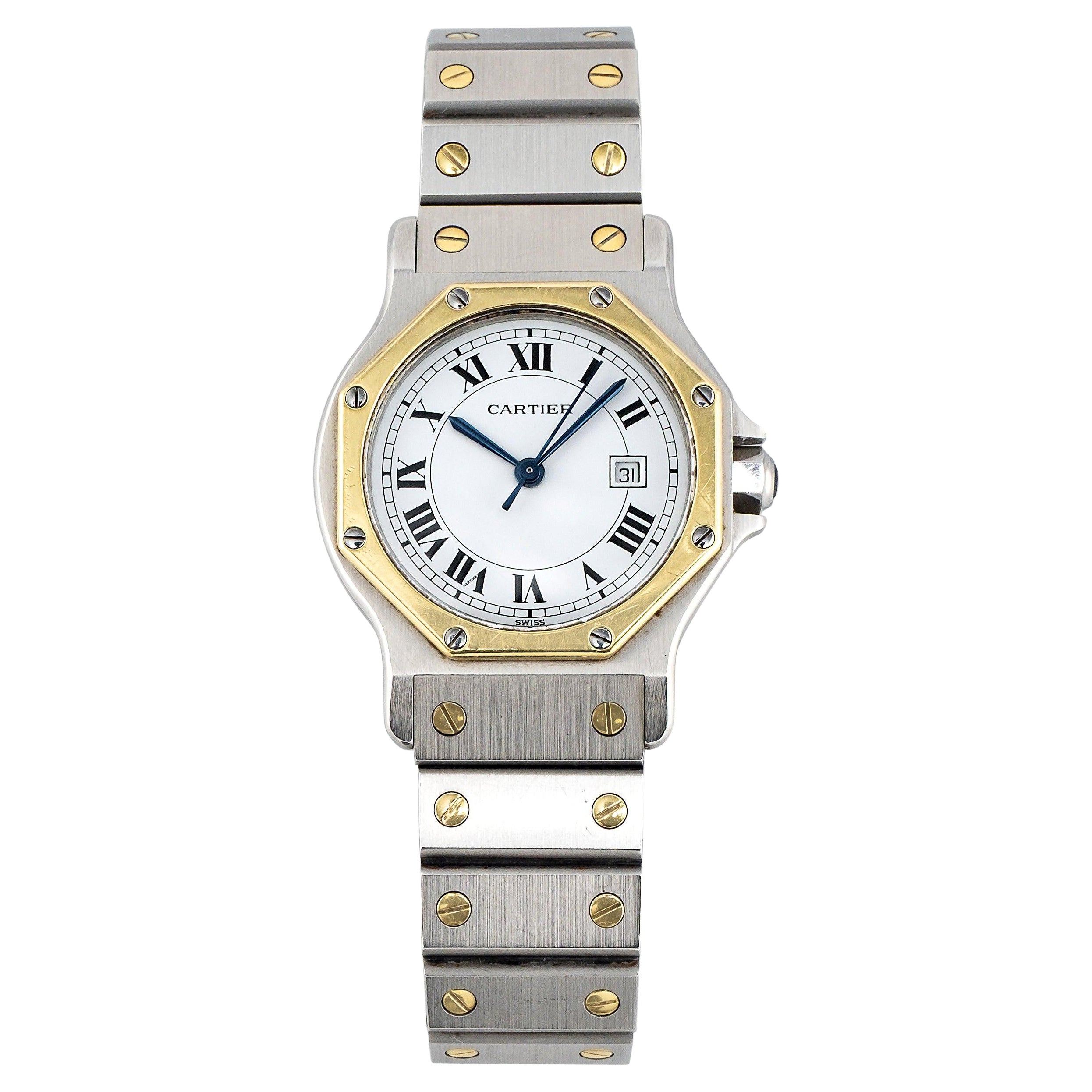 Reloj Cartier Santos Octagon 2966 Esfera romana blanca de acero y oro amarillo de 18 quilates