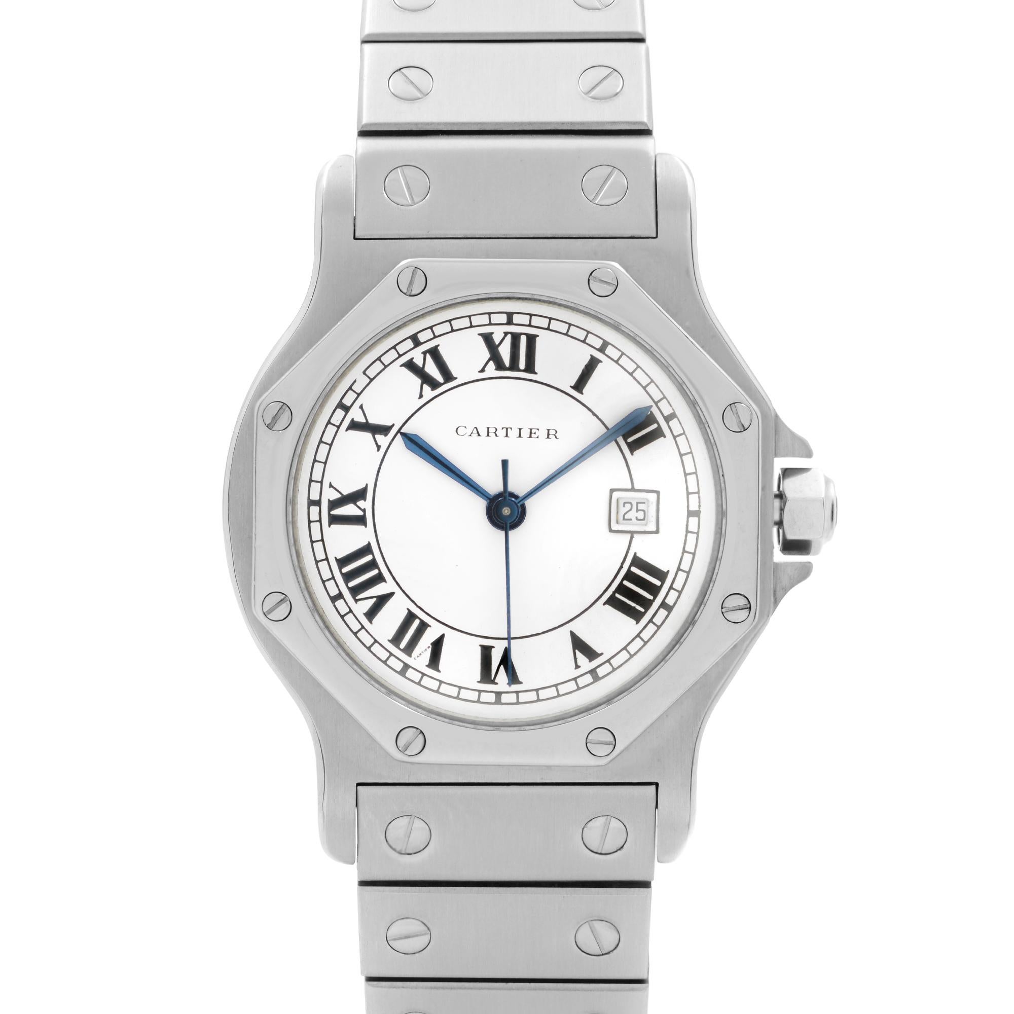 Pre Owned Cartier Santos 29mm Steel White Roman Dial Automatic Ladies Watch 2965. Refinished Dial. The serial number is polished off from the back case. This Beautiful Timepiece is Powered by Mechanical (Automatic) Movement And Features: Round