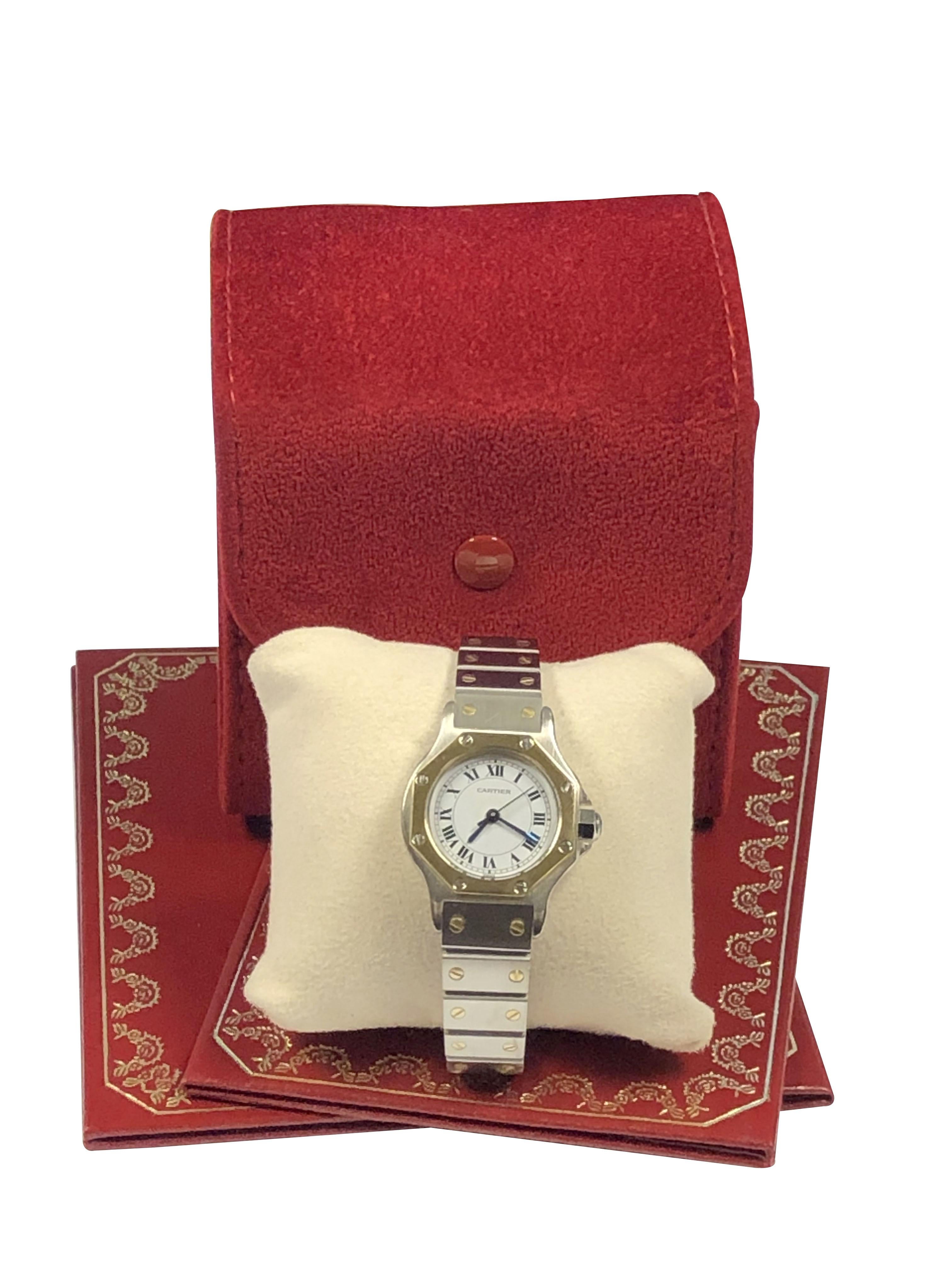 Cartier Santos Octagon Gold and Steel Ladies Self Winding Wrist Watch In Excellent Condition For Sale In Chicago, IL