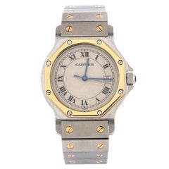 Cartier Santos Achteckige Ronde-Quarz-Uhr aus Edelstahl und Gelbgold