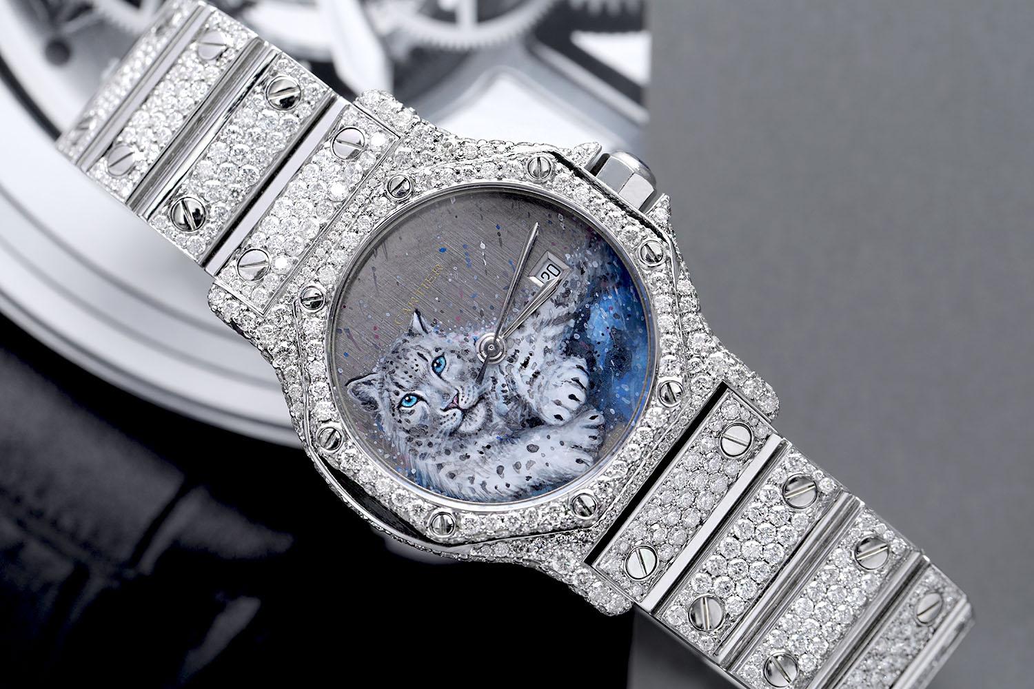 Cartier Santos Achteckige Edelstahl-Automatik-Damenuhr mit Diamanten  (Rundschliff) im Angebot