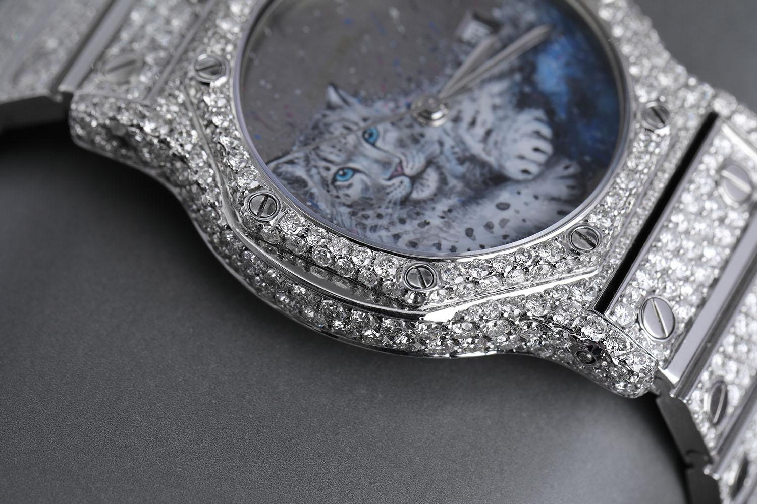 Cartier Santos Achteckige Edelstahl-Automatik-Damenuhr mit Diamanten  im Angebot 1