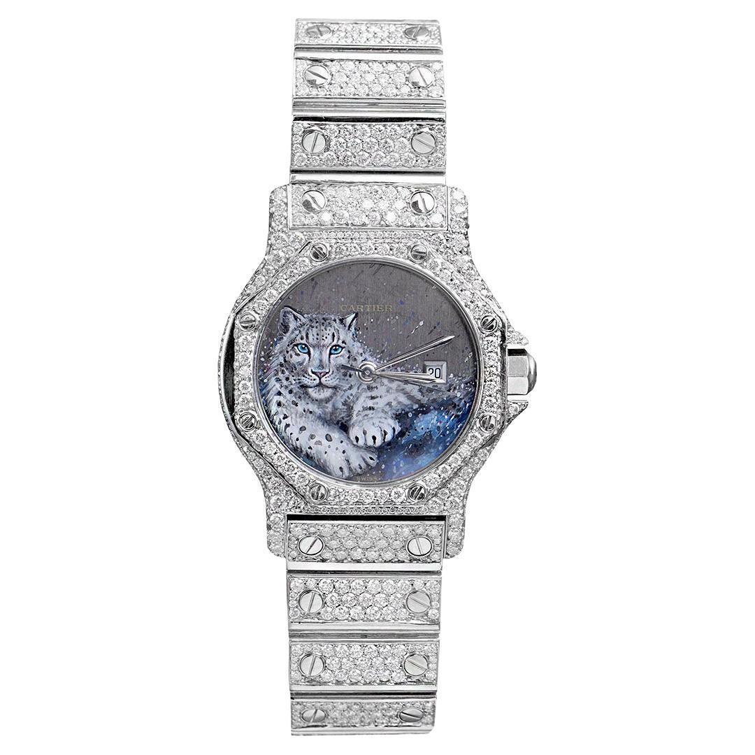 Cartier Santos Achteckige Edelstahl-Automatik-Damenuhr mit Diamanten  im Angebot