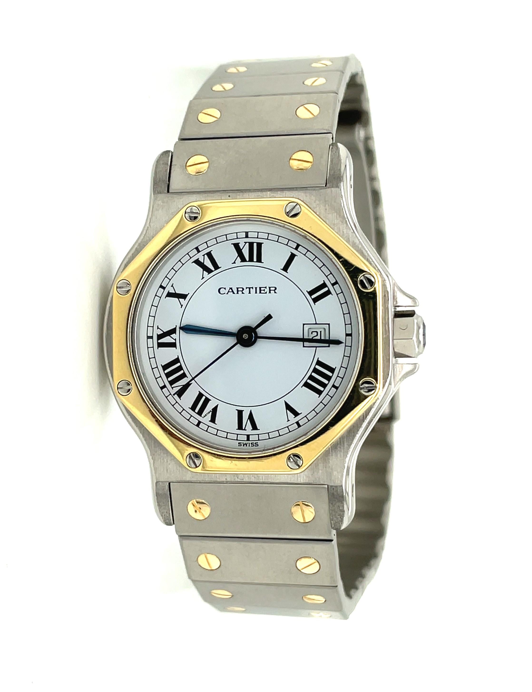 Cartier Santos Octagon Steel 18k Yellow Gold Bezel Automatic Men's Wrist Watch In Excellent Condition In Mount Kisco, NY