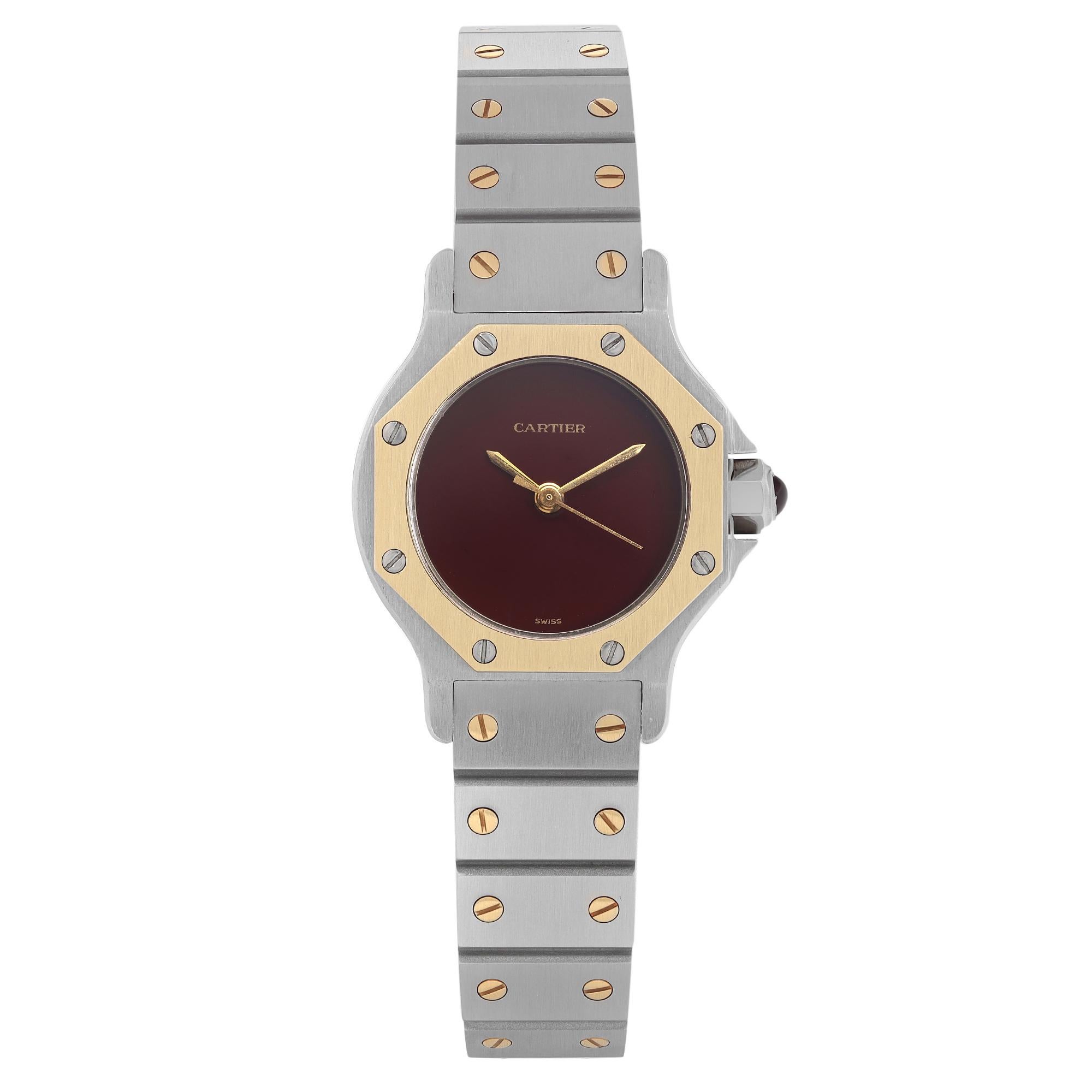 Cartier Santos achteckige Automatikuhr mit burgunderrotem Zifferblatt aus Stahl 0907