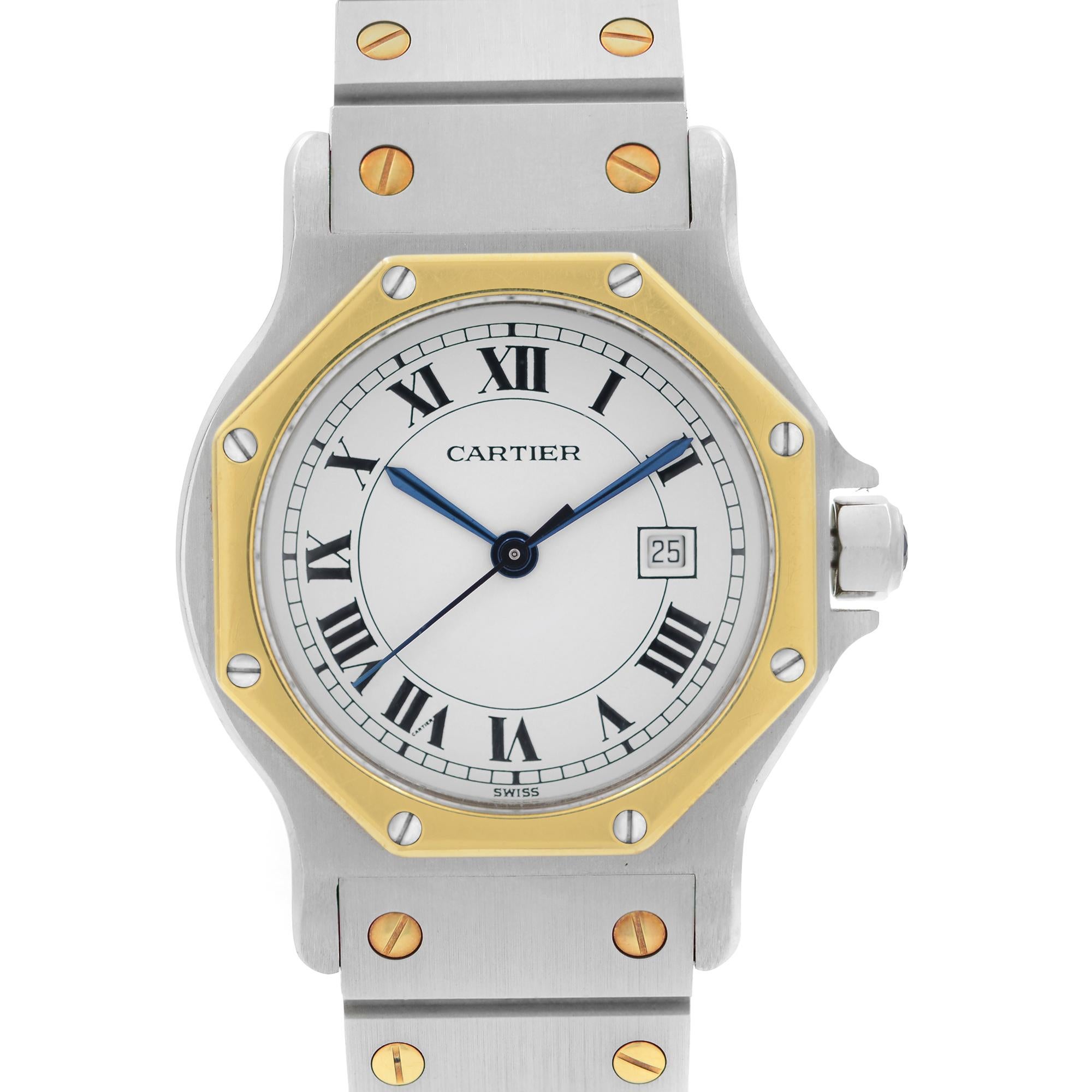Pre Owned Cartier Santos Octagon Steel Gold White Dial Automatic Ladies Watch 2966. This Beautiful Timepiece Features: Stainless Steel Case with a Stainless Steel Bracelet, Two Gold Screws on each Link, Fixed Gold Octagon Shaped Bezel with 8 Small