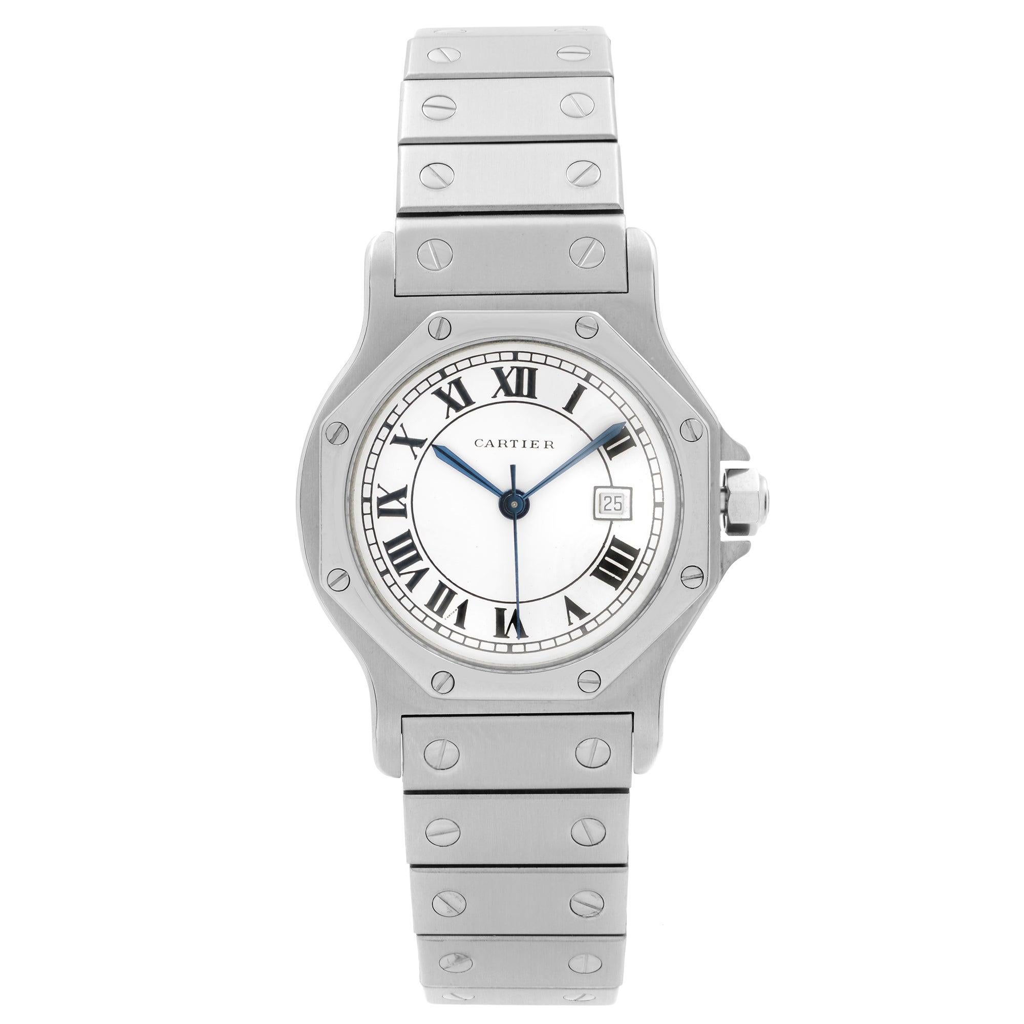 Cartier Santos Oktagon Stahl weißes römisches Zifferblatt automatische Damenuhr 2965