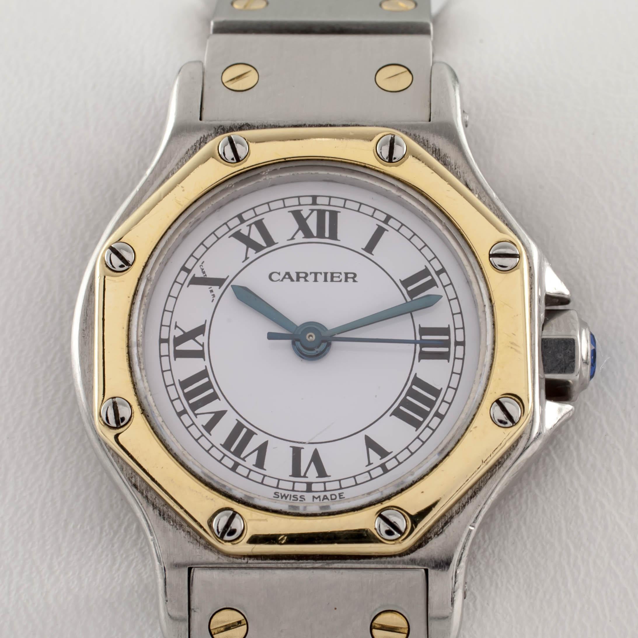 Model: Santos
Reference Number: 80194
Serial #980746461
AC 9.80 gr
OR 0750 2.30 gr
Round Stainless Steel Case w/ 18k Yellow Gold Octagon Bezel

24 mm in Diameter (27 mm w/ Crown)
Lug-to-Lug Distance = 31 mm
Lug-to-Lug Width = 12 mm
Thickness = 9