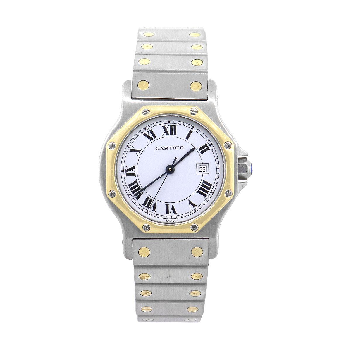 Brand: Cartier
Model: Santos
Case Material: Stainless steel
Case Diameter: 30mm
Crystal: Sapphire crystal
Bezel: Smooth 18k yellow gold Octagon shaped bezel with stainless steel Cartier screws
Dial: White dial with black roman numerals. Blue hour