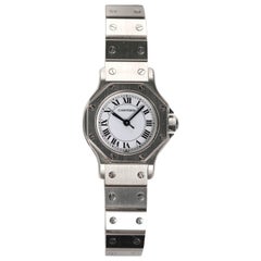 Reloj Cartier Santos Octógono Blanco Esfera Romana de Acero Inoxidable, Años 1980-90
