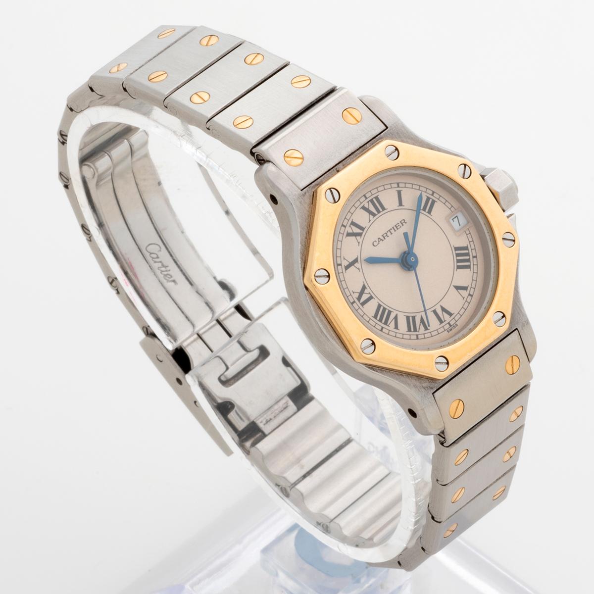 Our Attractive Cartier Santos Octagone reference 187903 features the small size case with quartz movement and date function. The case (26mm x 31mm) and bracelet are of stainless steel and 18k yellow gold. Presented in outstanding condition, with