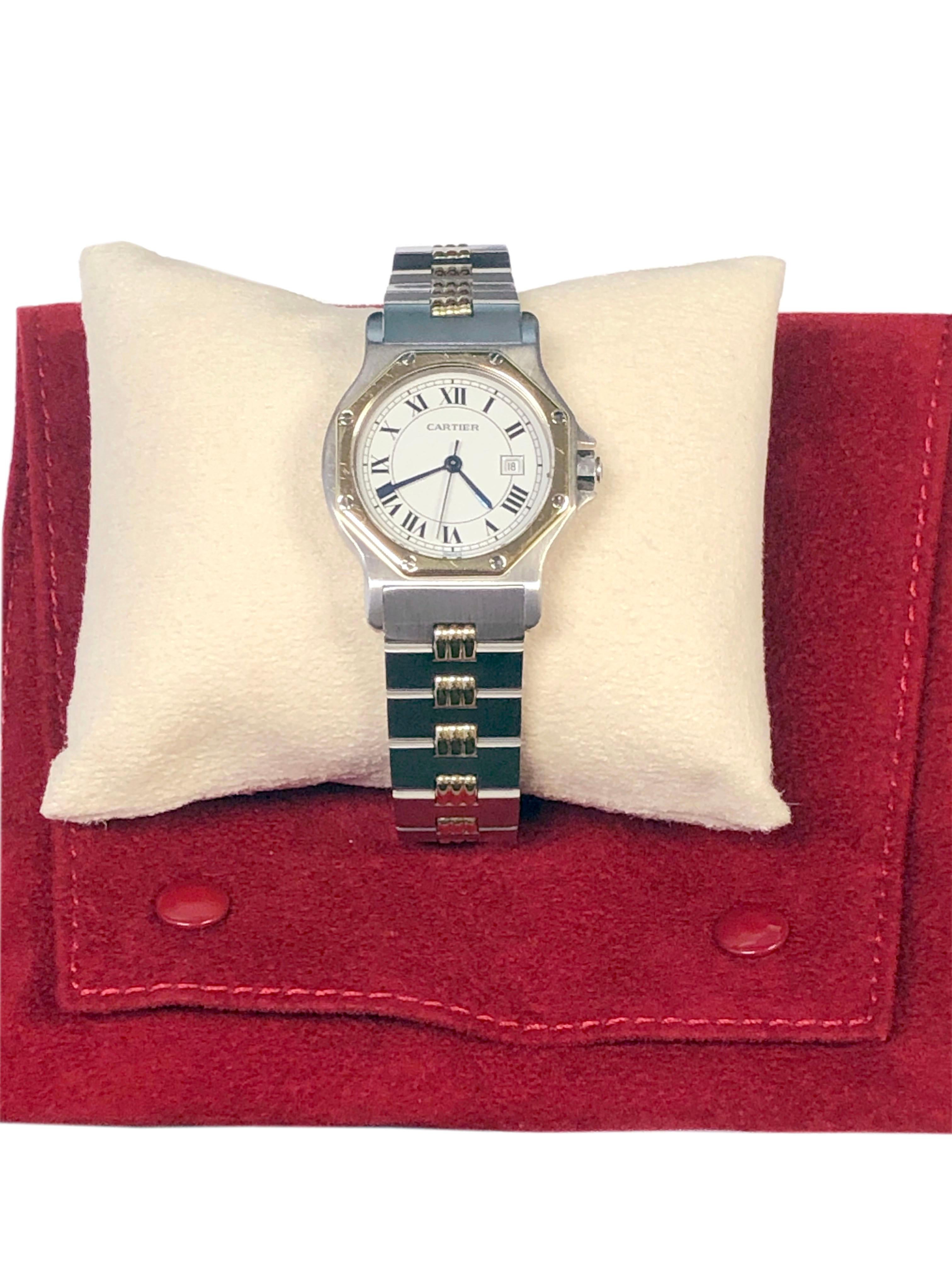 Cartier Santos Achteckige Automatik-Armbanduhr aus Stahl und Gold in Mid-Größe für Damen oder Herren im Angebot