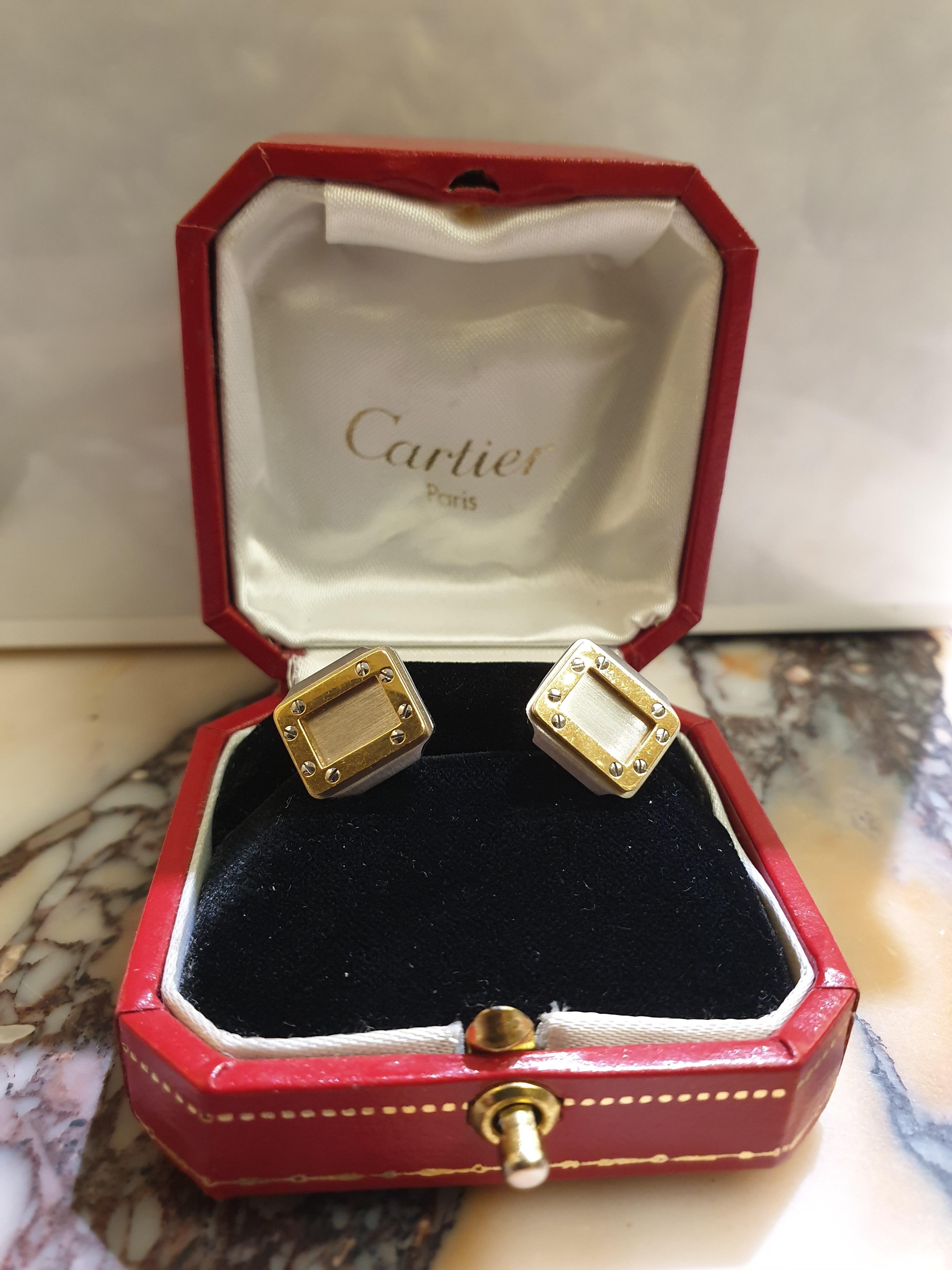 Cartier Santos Oretacier Boutons de manchette rectangulaires en acier et or jaune 18 carats en vente 3