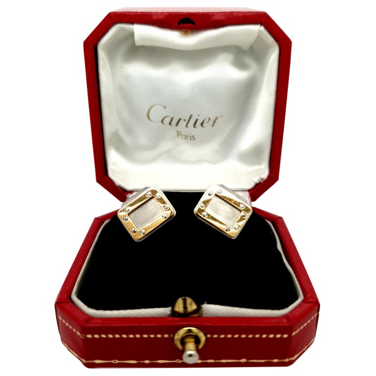 18kt Yellow Gold Cartier Santos Oretacier Rectangular Cufflinks Steel For Sale