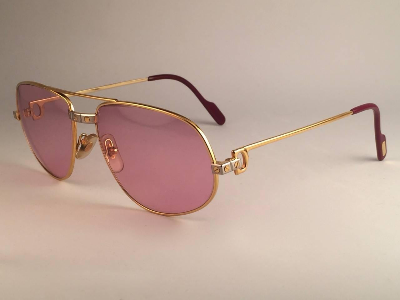 Women's or Men's Cartier Santos Romance Rose Pink Lenses 54mm Drake 18k Gold Sunglasses