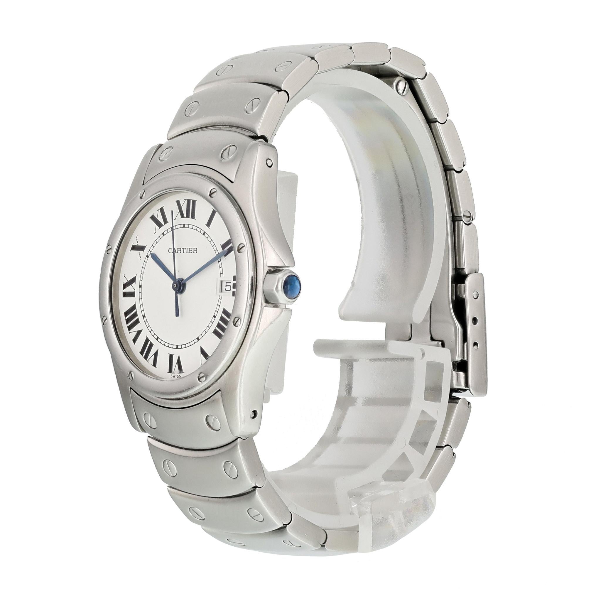 Cartier Santos Ronde 1561 Ladies Watch.
29mm Stainless Steel case. 
Stainless Steel smooth bezel. 
White dial with blue steel hands and Roman numeral hour markers. 
Minute markers on the outer dial. 
Date display at the 3 o'clock position.