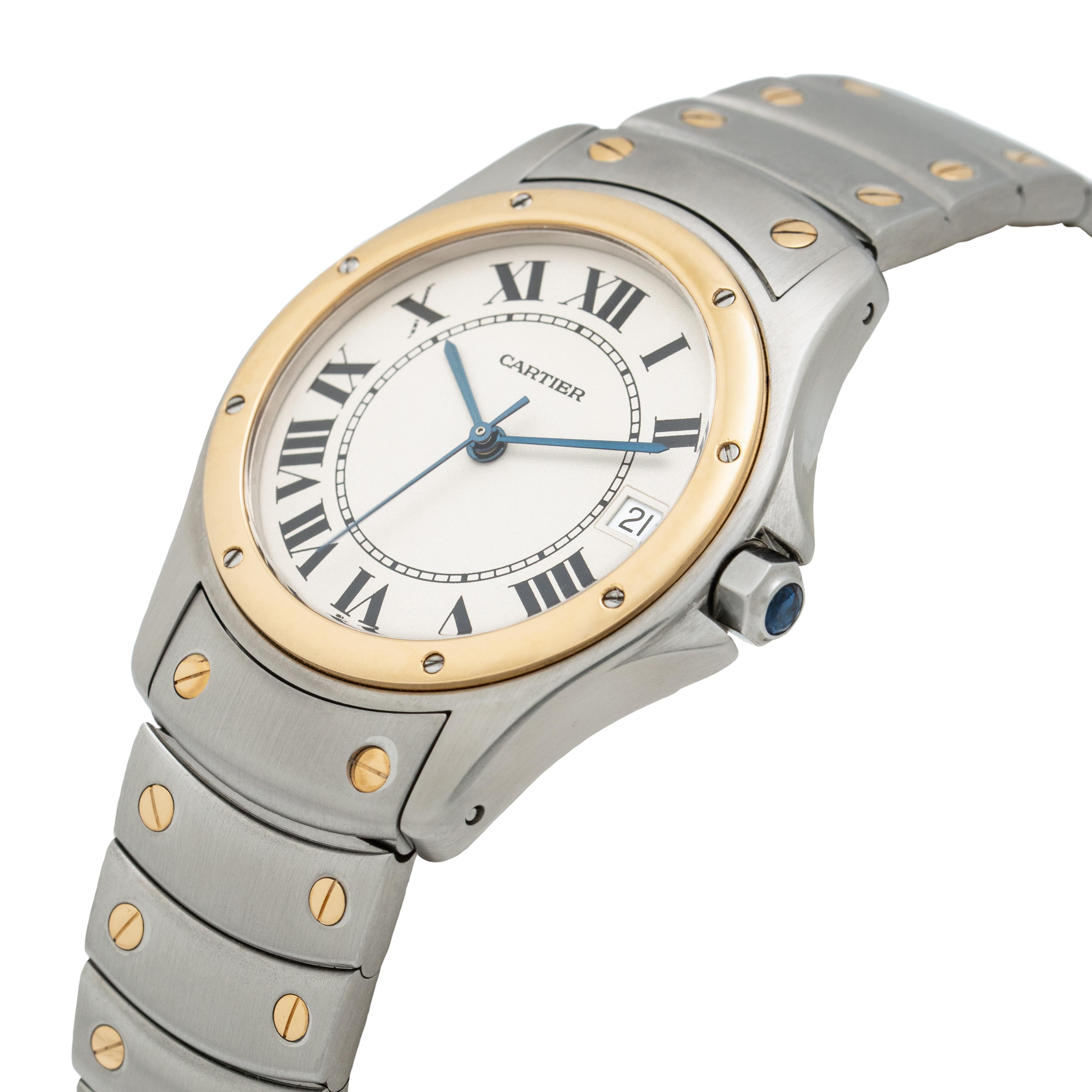Cartier Santos Ronde 
18k Yellow Gold and Stainless Steel
c.1990s
Model 1910
33mm Dial
Automatic Movement

Stephanie Windsor guarantees the proper functioning of this watch mechanism for ONE year from the purchase date. Our watches are guaranteed to