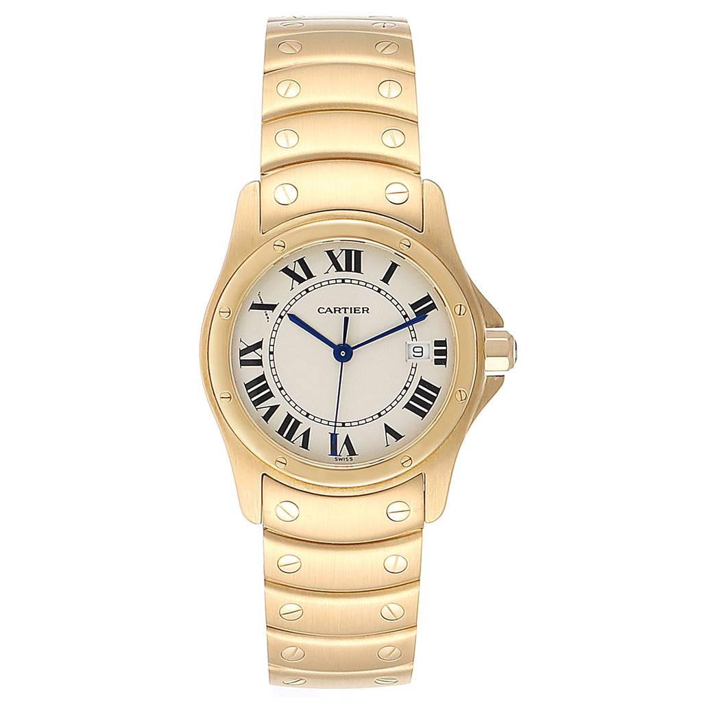 Cartier Santos Ronde 18K Yellow Gold Unisex Watch W20028G1. Quartz movement. 18K yellow gold case 33.0 mm in diameter. Steel octagonal crown set with the faceted blue sapphire. 18K yellow gold bezel punctuated with 8 signature screws. Scratch