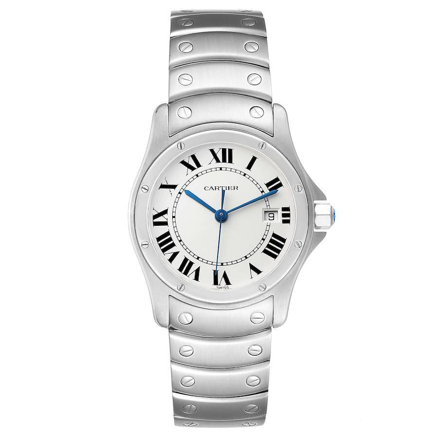 Cartier Santos Ronde 30mm Silber Zifferblatt Stahl Damenuhr W20027K1. Quarzwerk. Rundes Edelstahlgehäuse mit einem Durchmesser von 30 mm. Achteckige Krone, besetzt mit einem blauen Spinell-Cabachon. Lünette aus poliertem Edelstahl, mit 8 Stiften