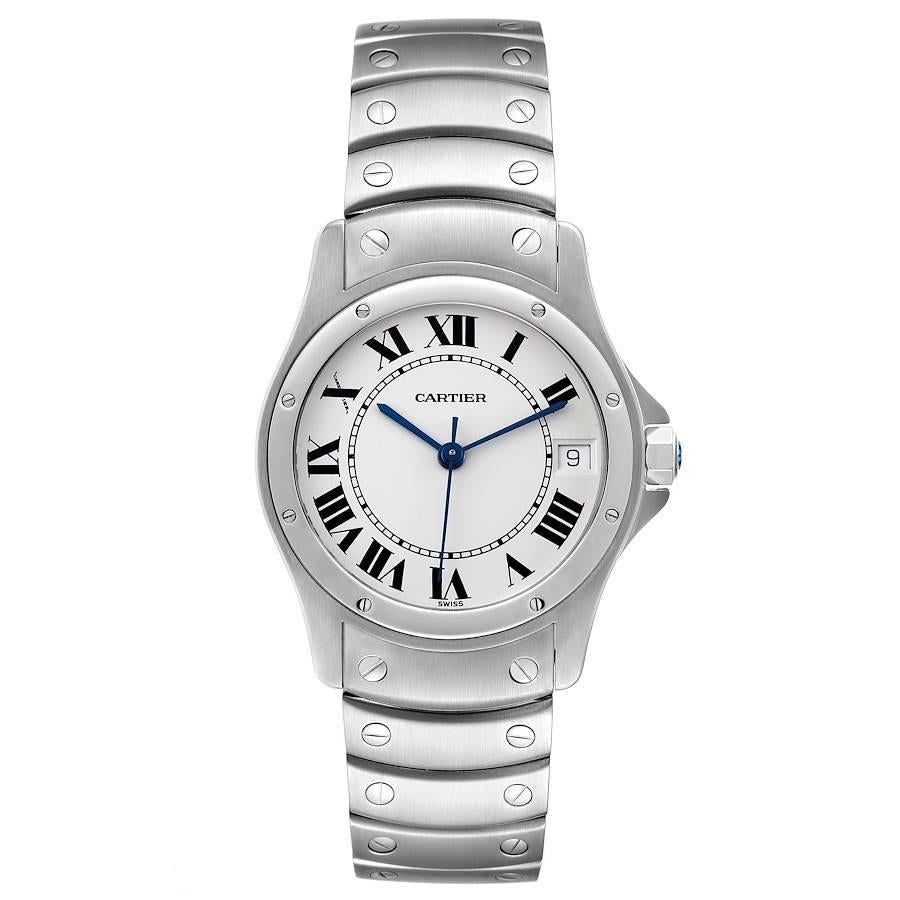 Cartier Santos Ronde 33mm Automatik Stahl Unisex Uhr W20026K1. Automatisches Uhrwerk mit Selbstaufzug. Rundes Edelstahlgehäuse mit einem Durchmesser von 33 mm. Achteckige Krone, besetzt mit einem blauen Spinell-Cabochon. Lünette aus rostfreiem