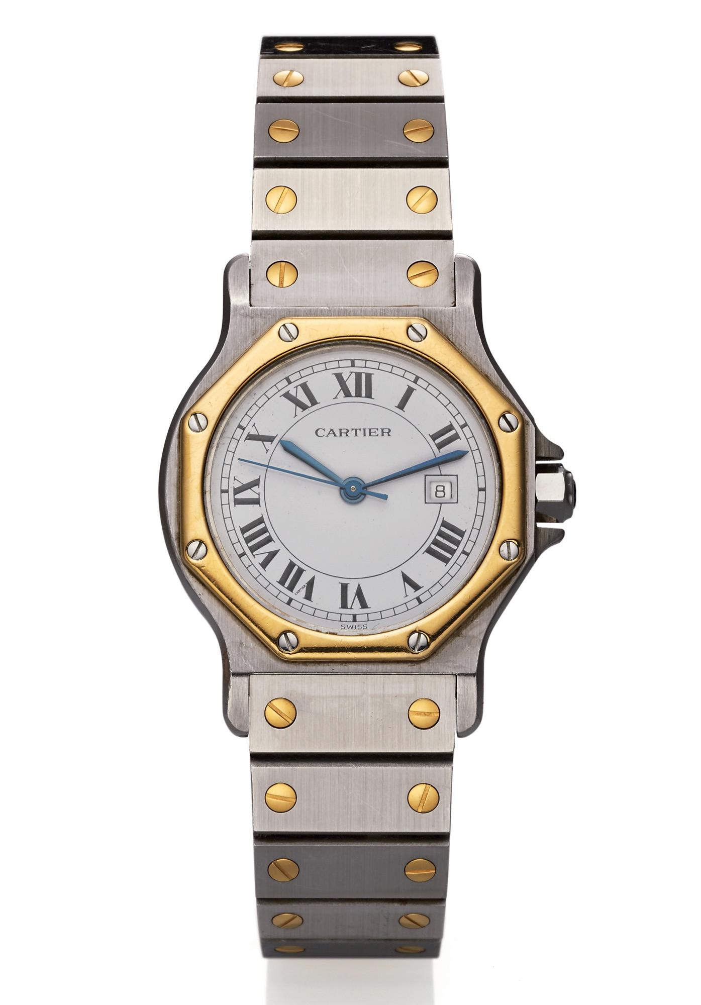Contemporary Cartier Santos Ronde Automatic Steel and Gold Wristwatch