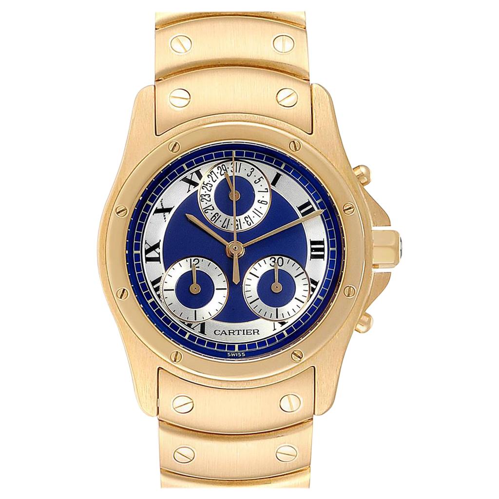 Cartier Santos Ronde Chronograph Blue Dial Yellow Gold Watch W15078G1 For Sale